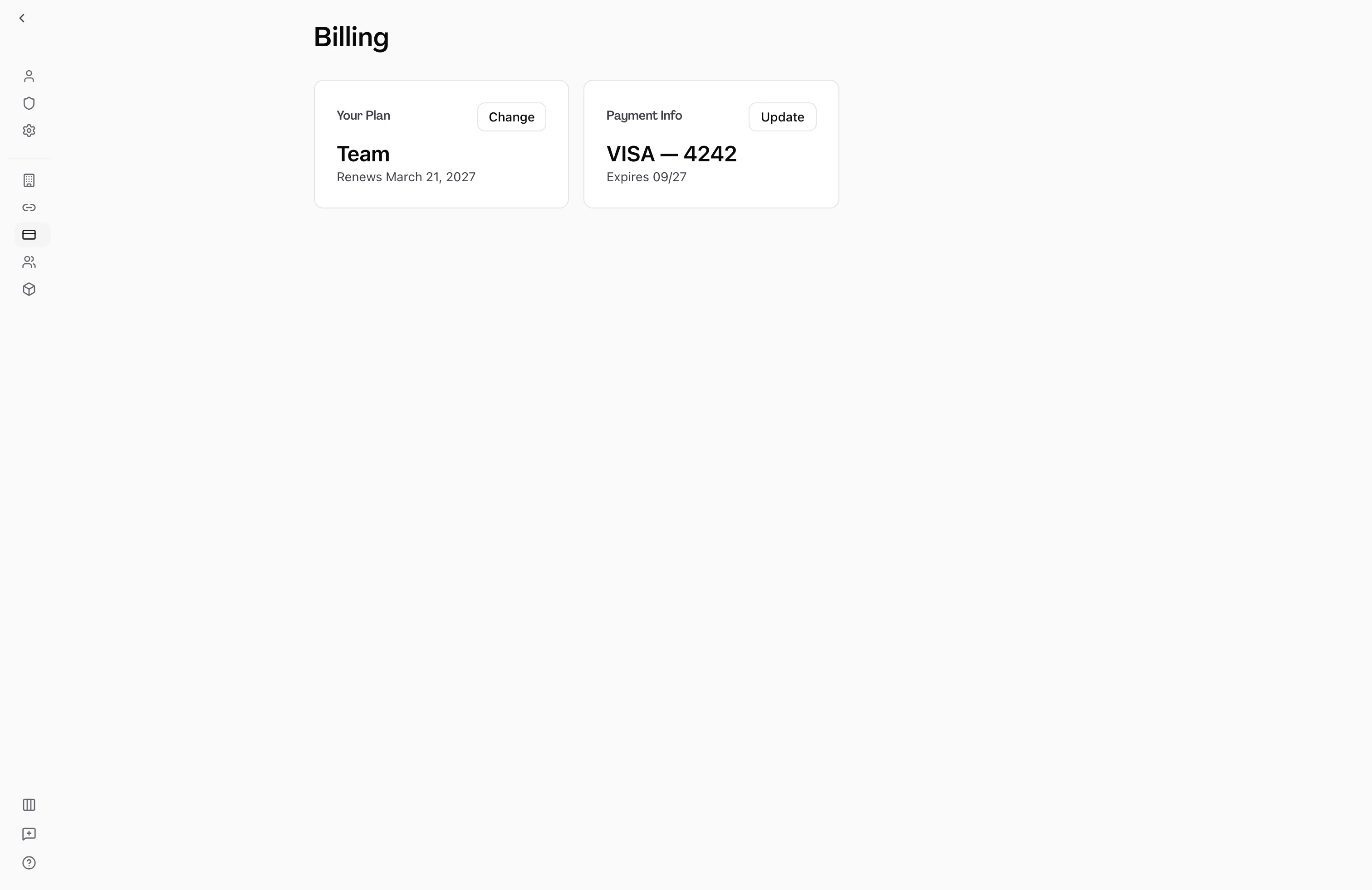 Billing settings page showing the current plan, subscription status, and manage billing button