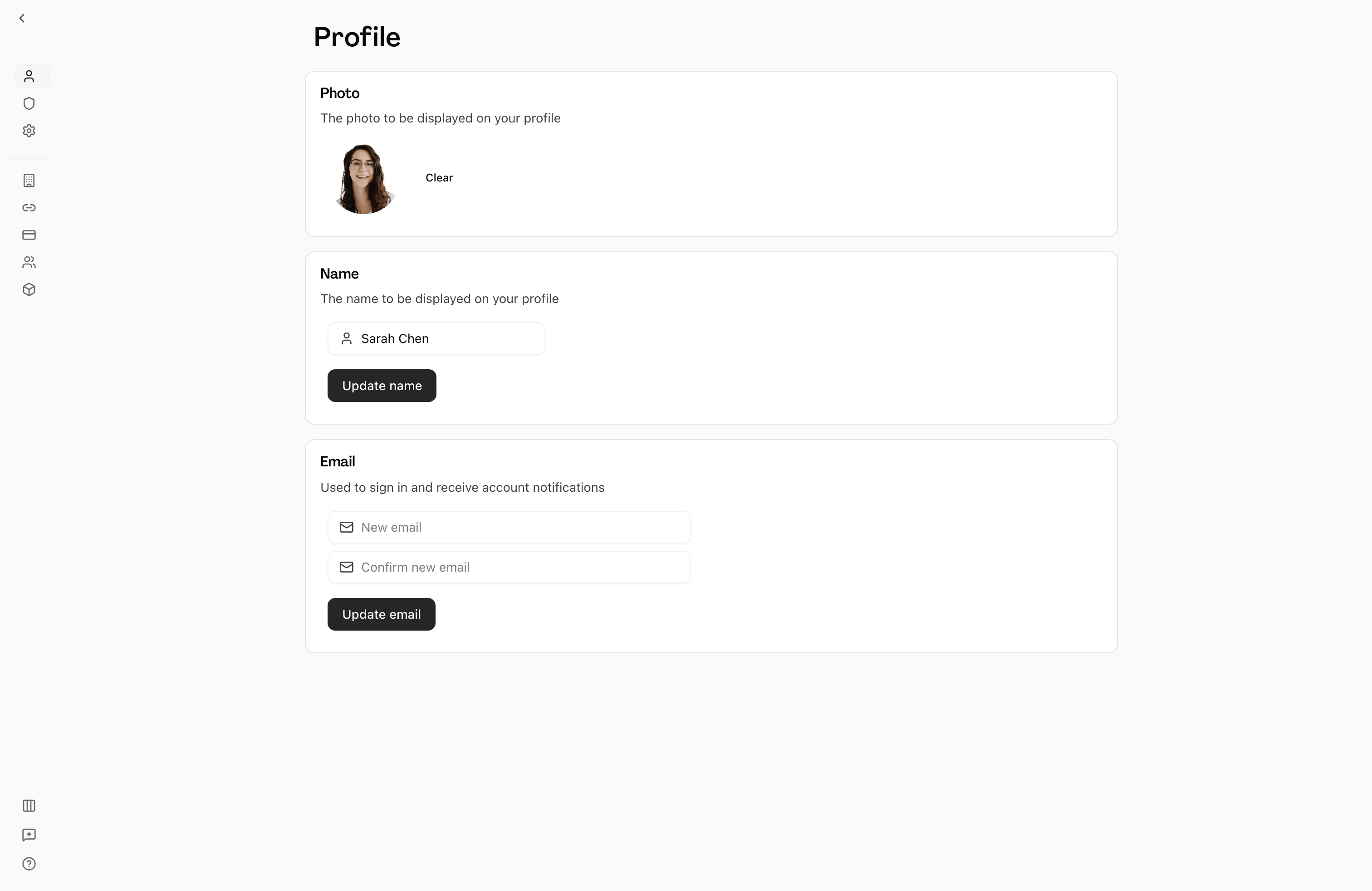 Personal settings page showing avatar upload, name, and email fields