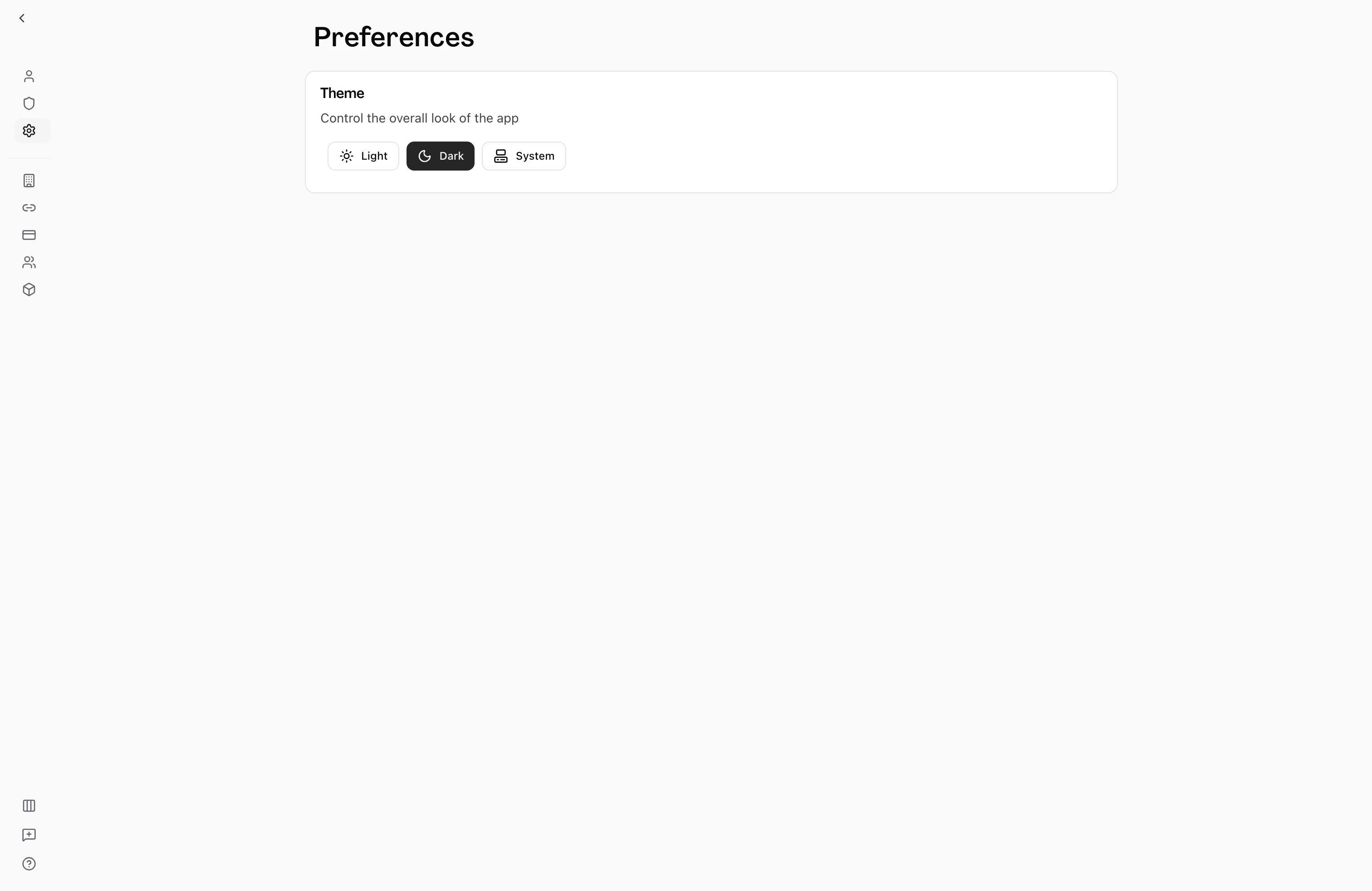 Preferences settings page showing the interface theme selector with light and dark options