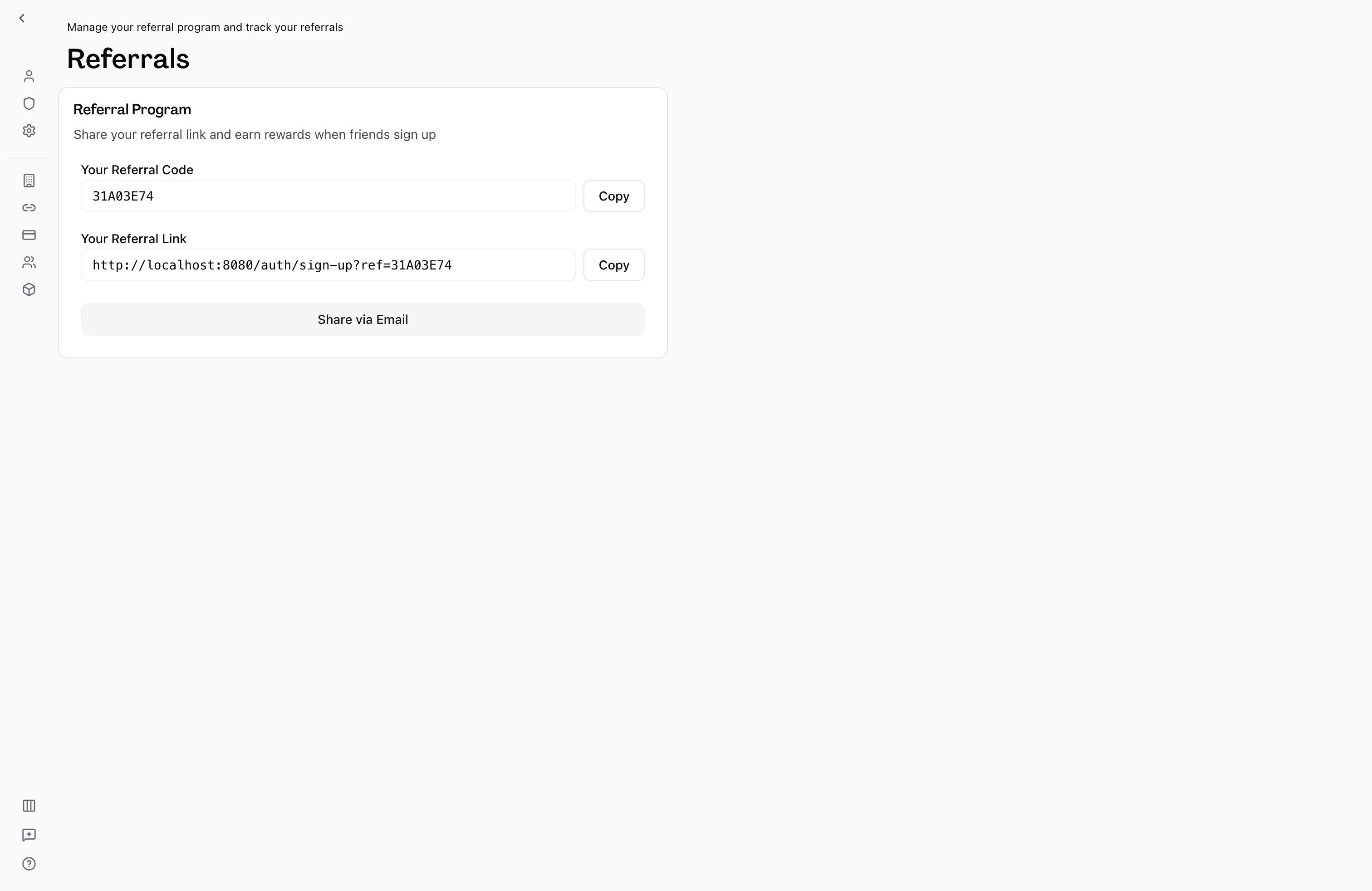 Referrals page showing your personal referral link and copy-to-clipboard button