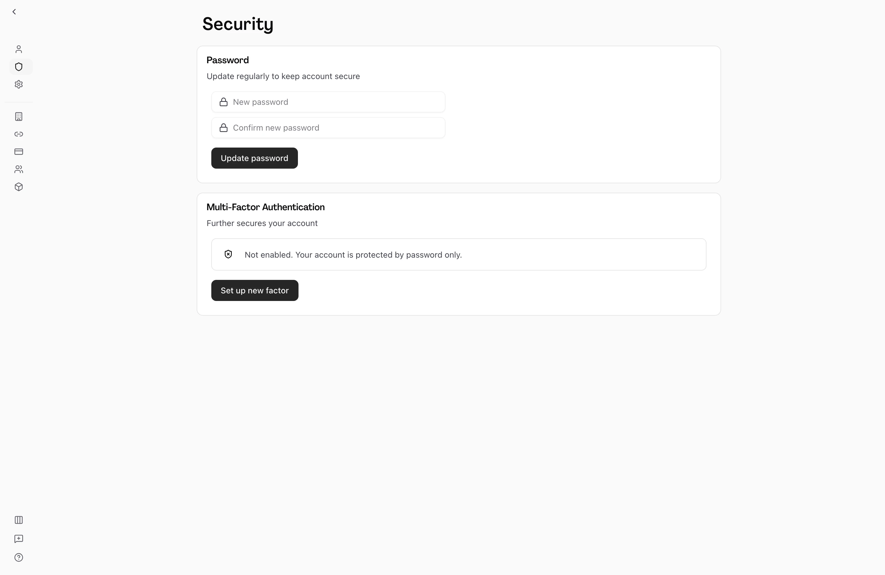 Security settings page showing password change, multi-factor authentication, and connected sign-in providers