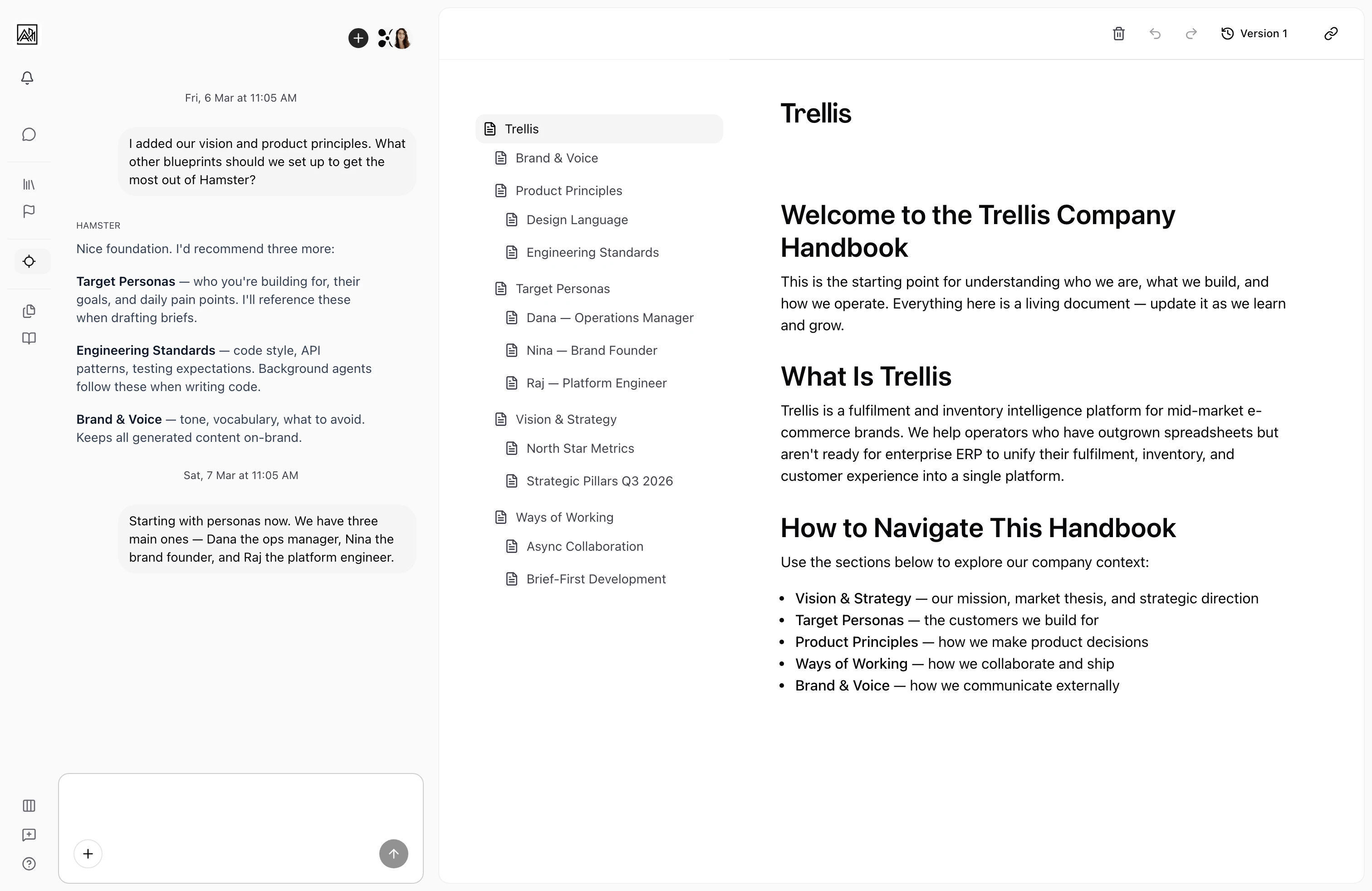 Blueprint editor showing three-column layout with AI chat, document tree, and document content