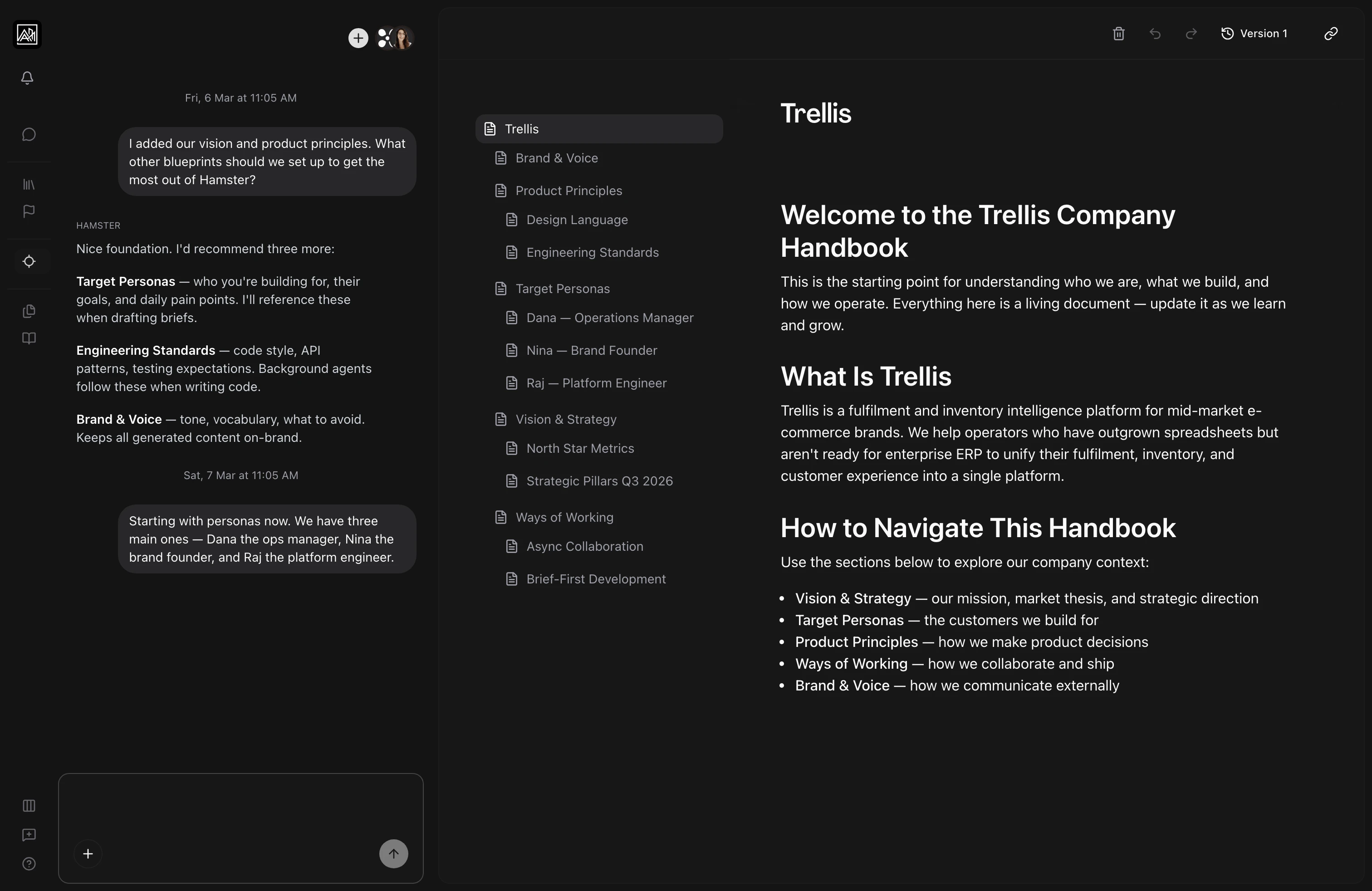 Blueprints list view showing organizational knowledge documents