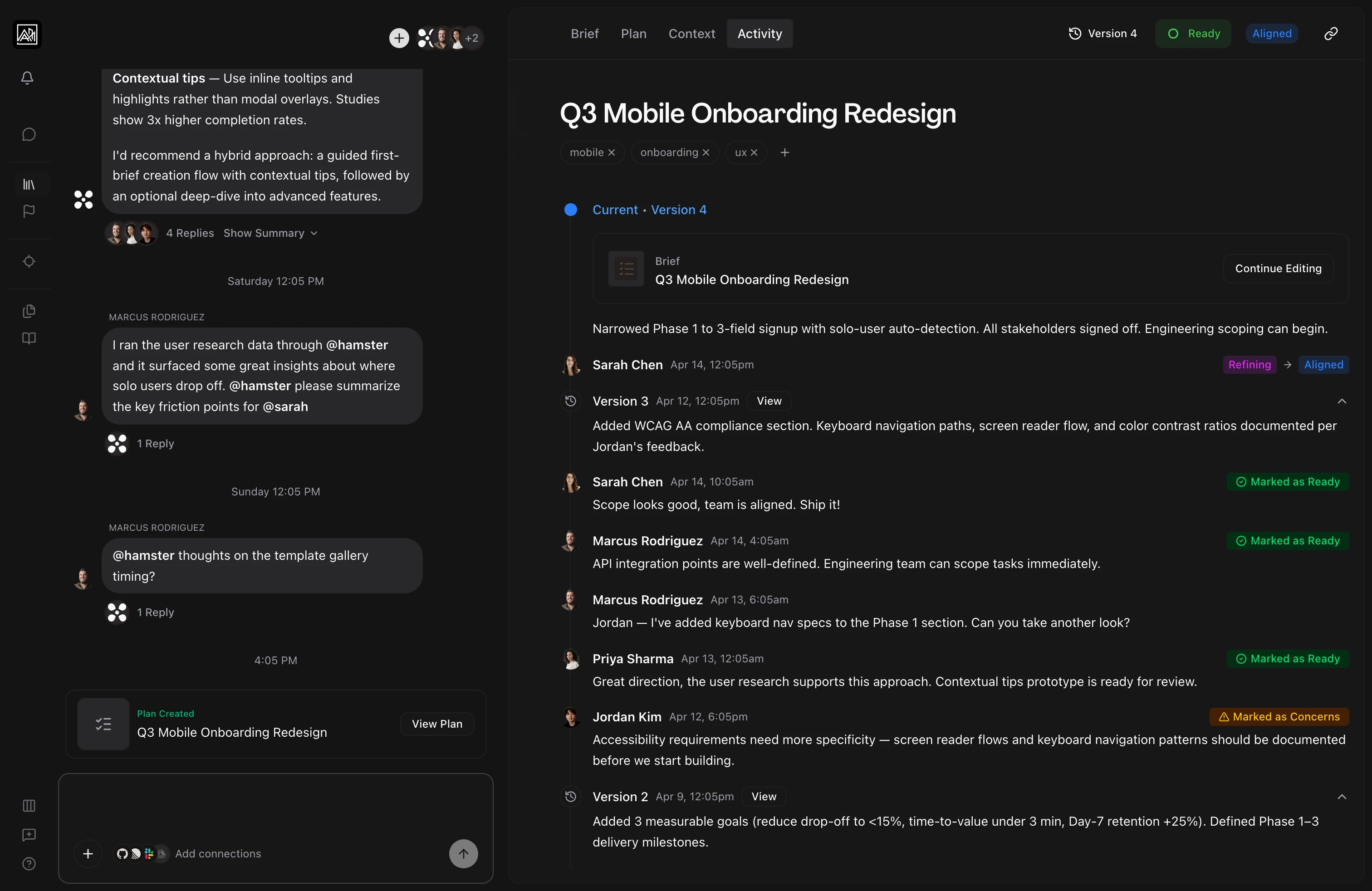Activity timeline showing team alignment status