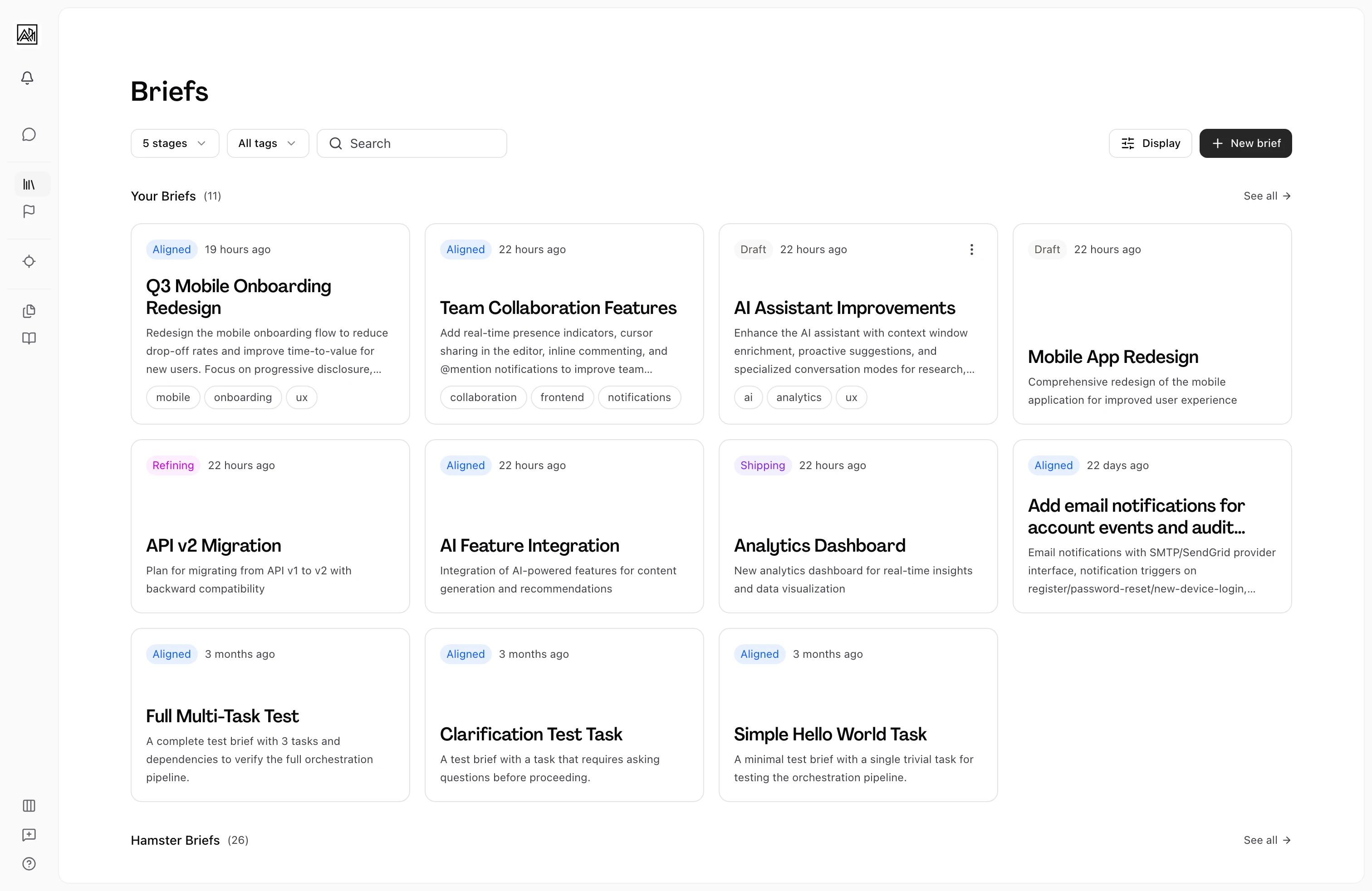 Briefs list view showing status badges and filter controls for each stage