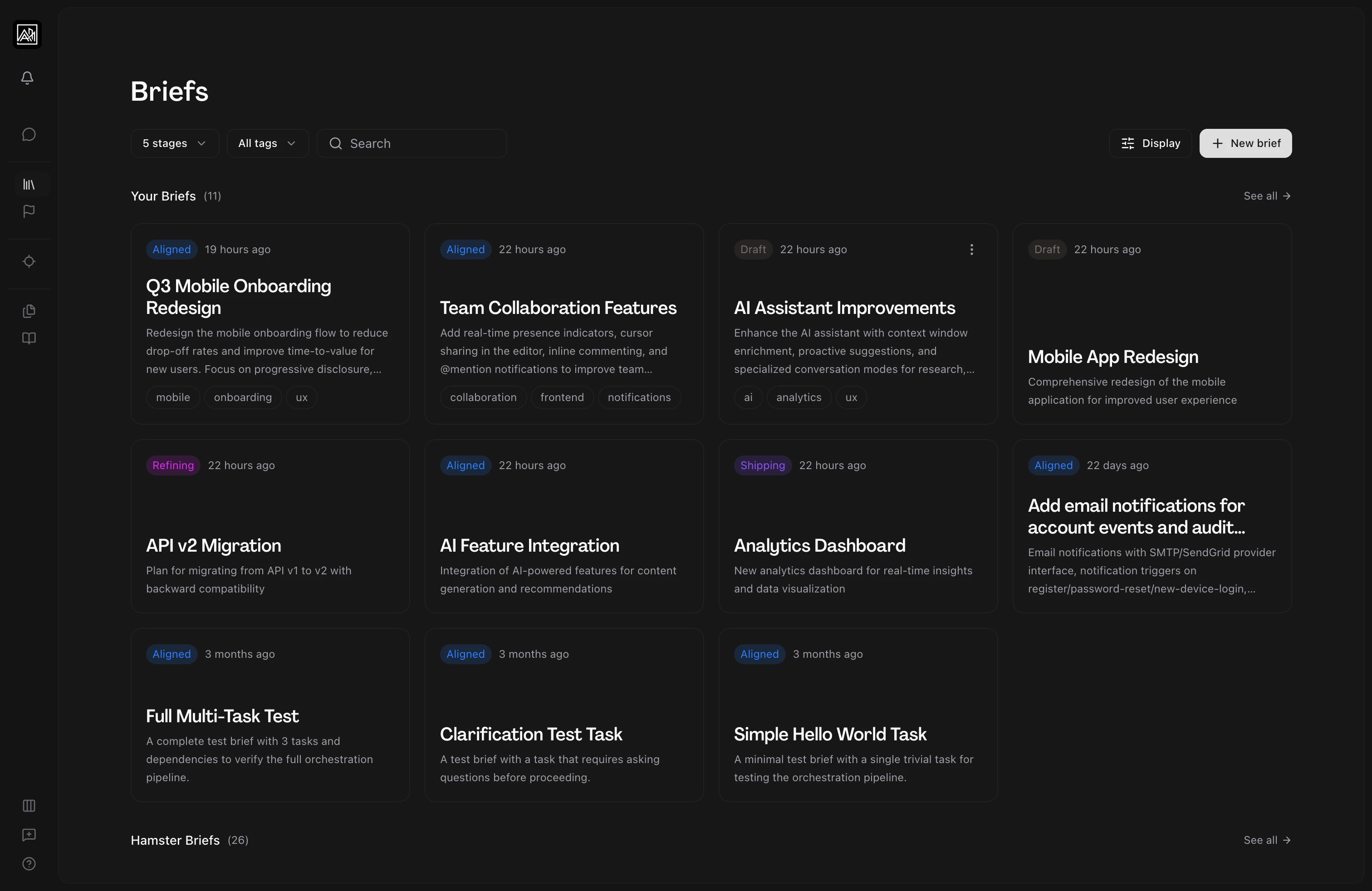 Briefs list view showing multiple projects in Hamster Studio