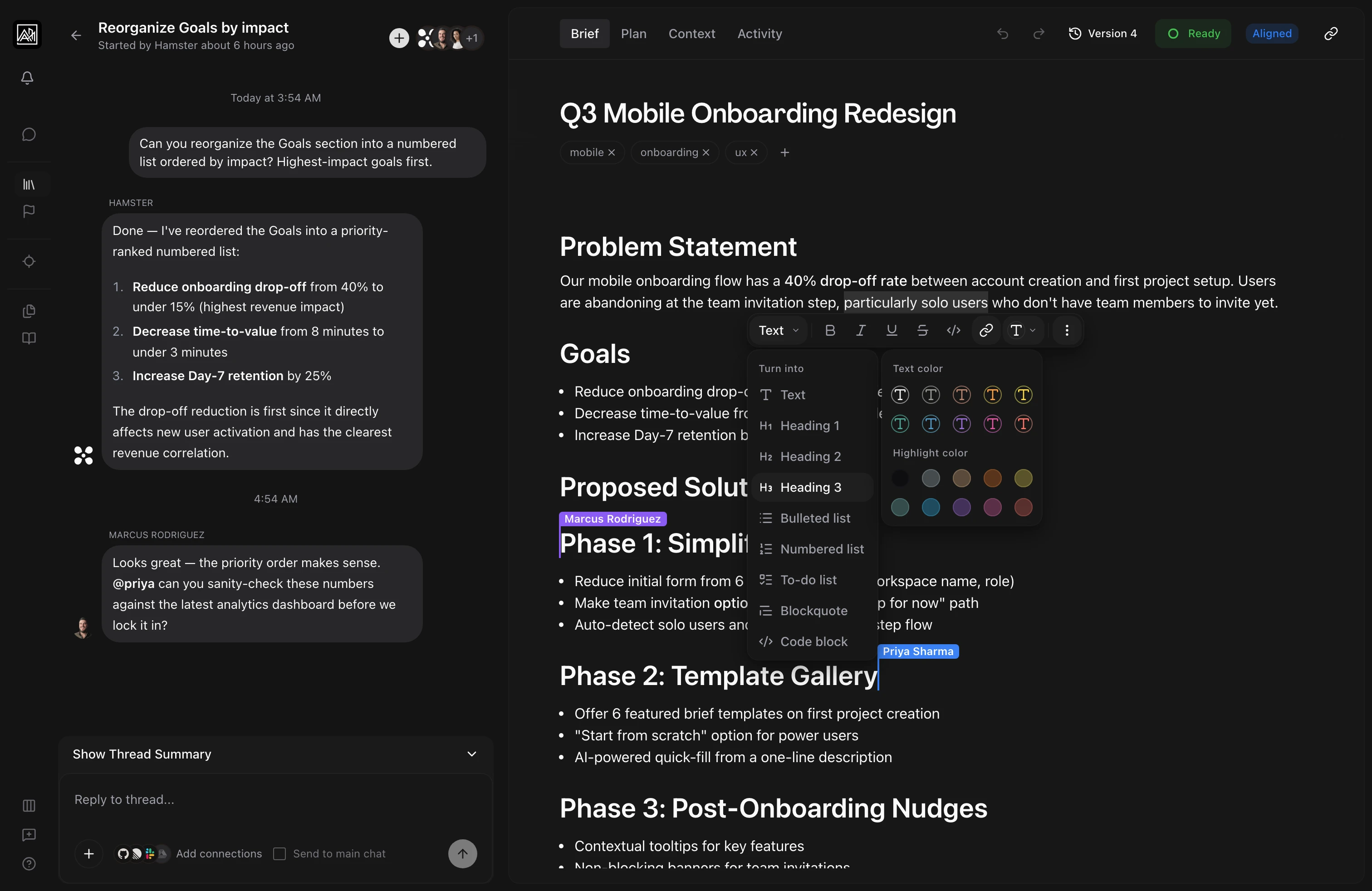 Brief editor with collaborative cursors, AI thread summary, and rich editing tools
