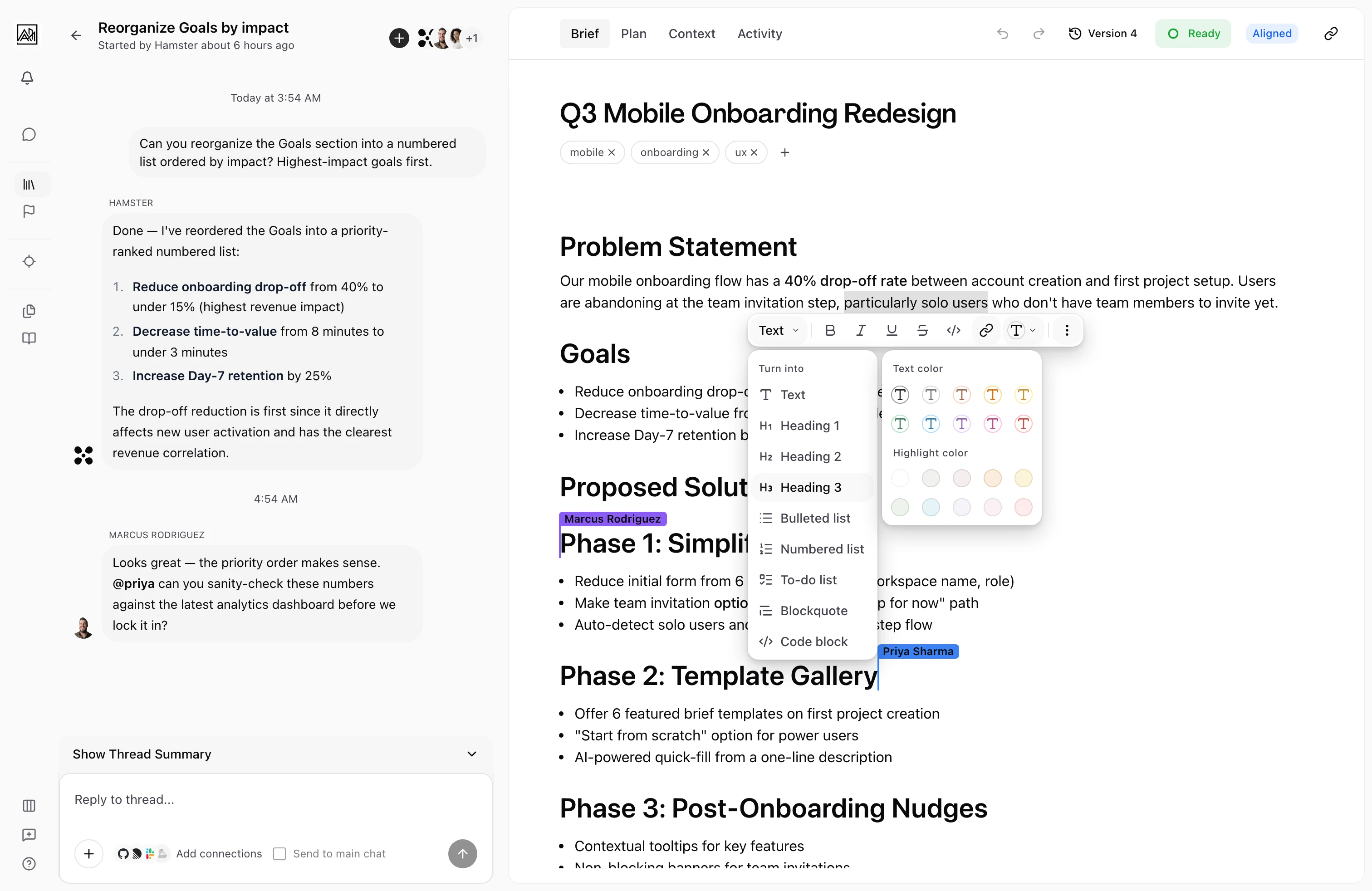 Brief editor with collaborative cursors, AI thread summary, and rich editing tools