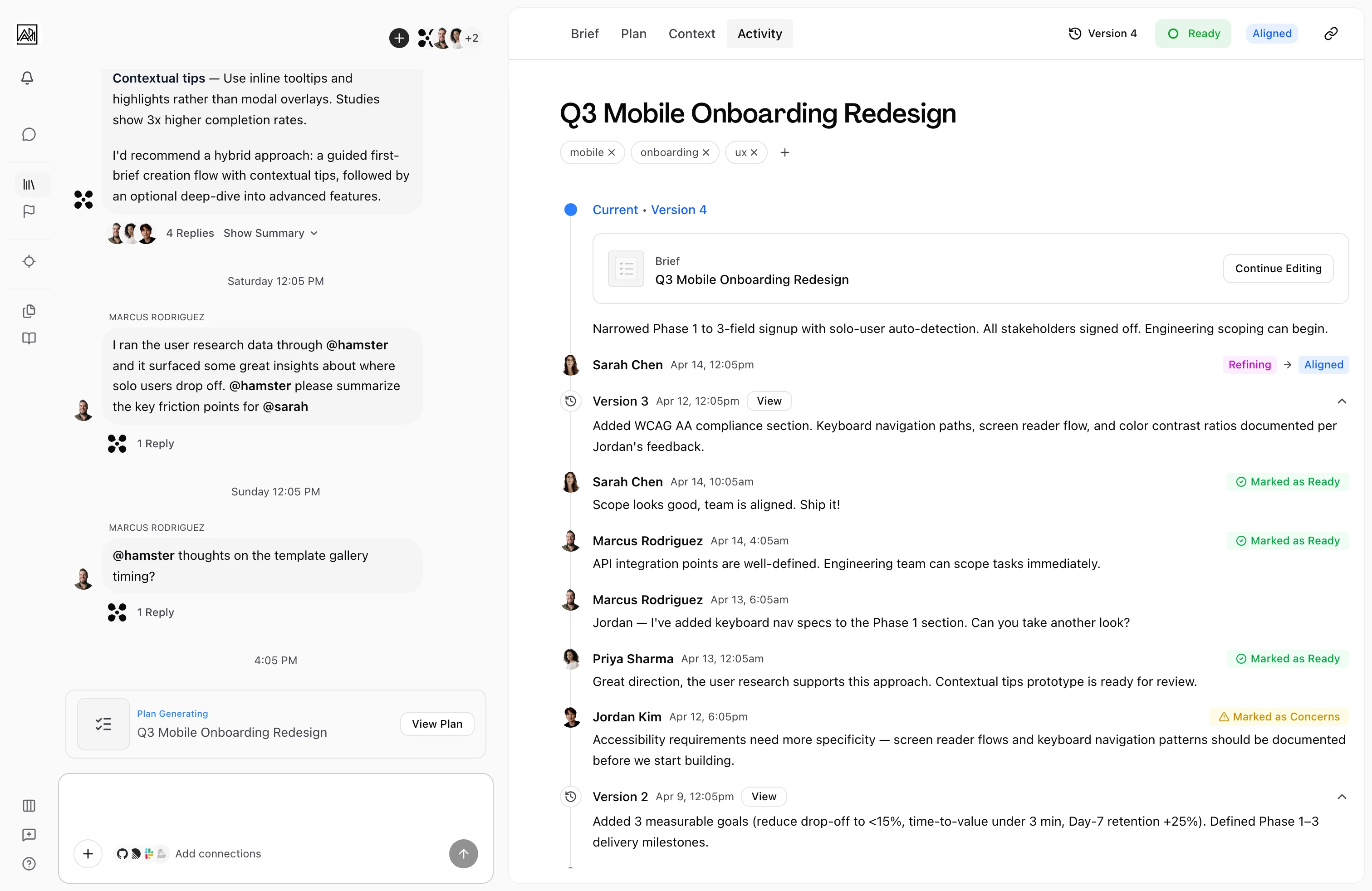 Activity feed showing @mention notifications with links to the referenced documents