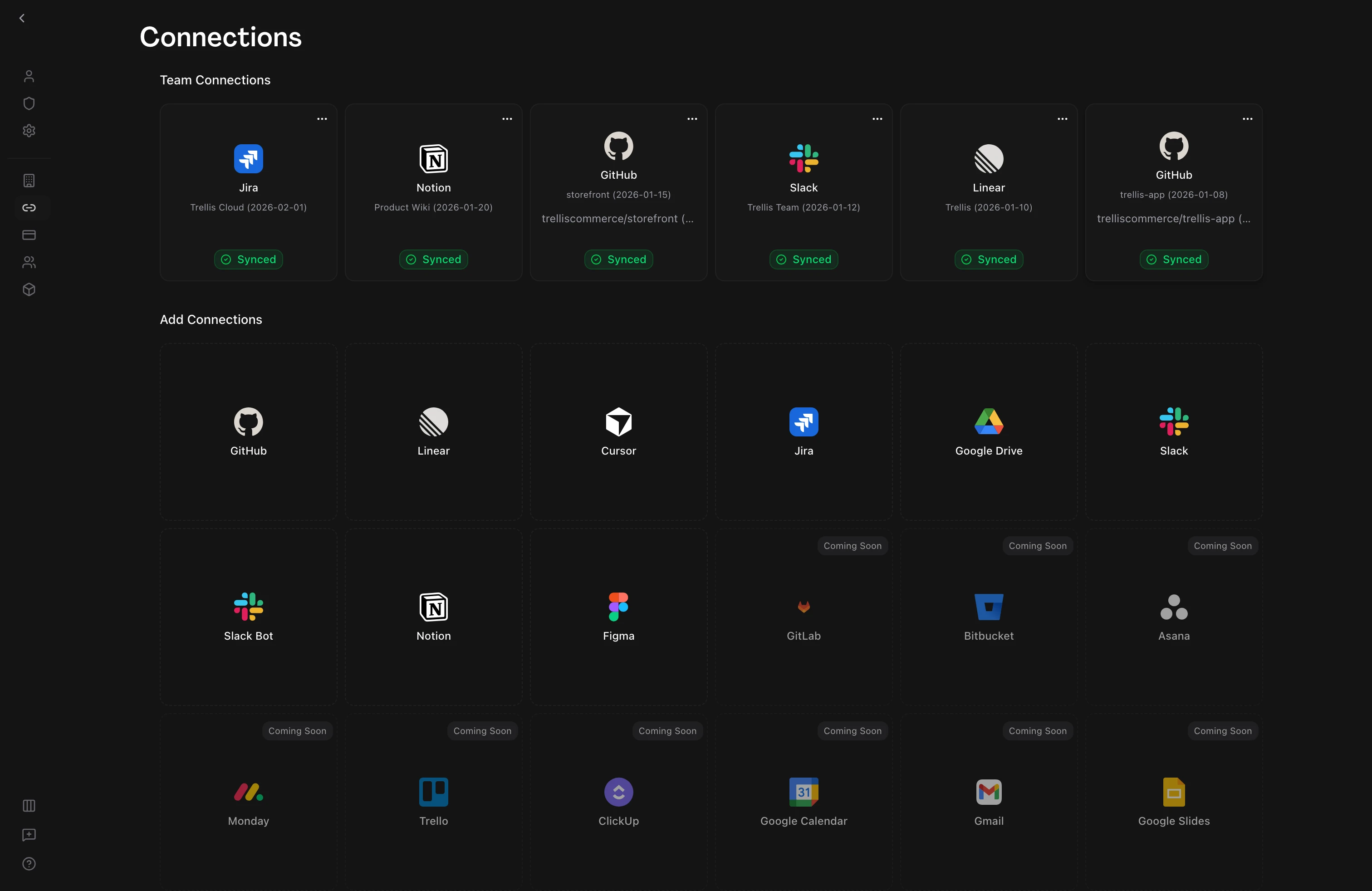 Connections page showing GitHub, Linear, Slack, Notion, and Jira integrations