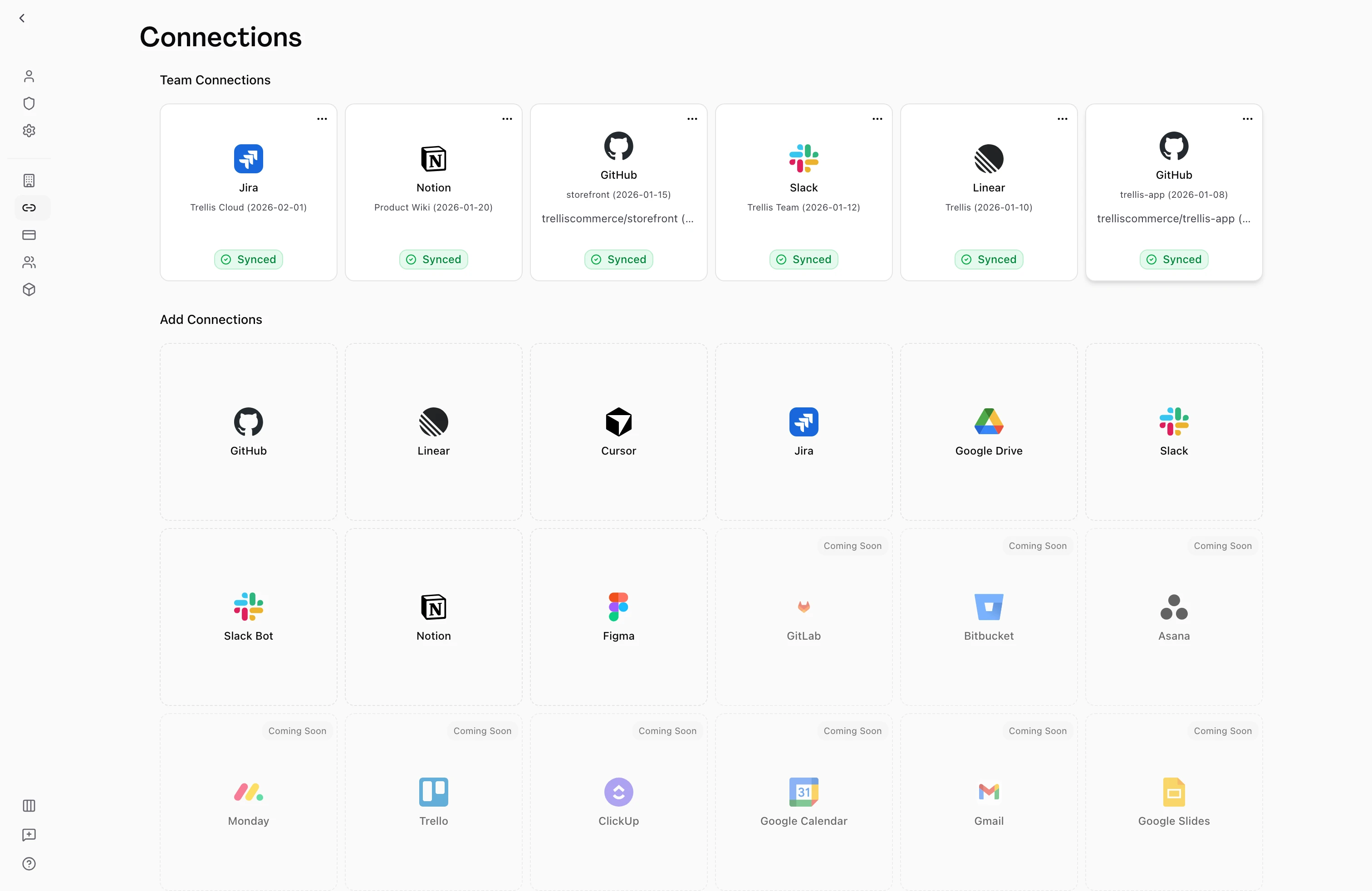 Connections page showing GitHub, Linear, Slack, Notion, and Jira integrations