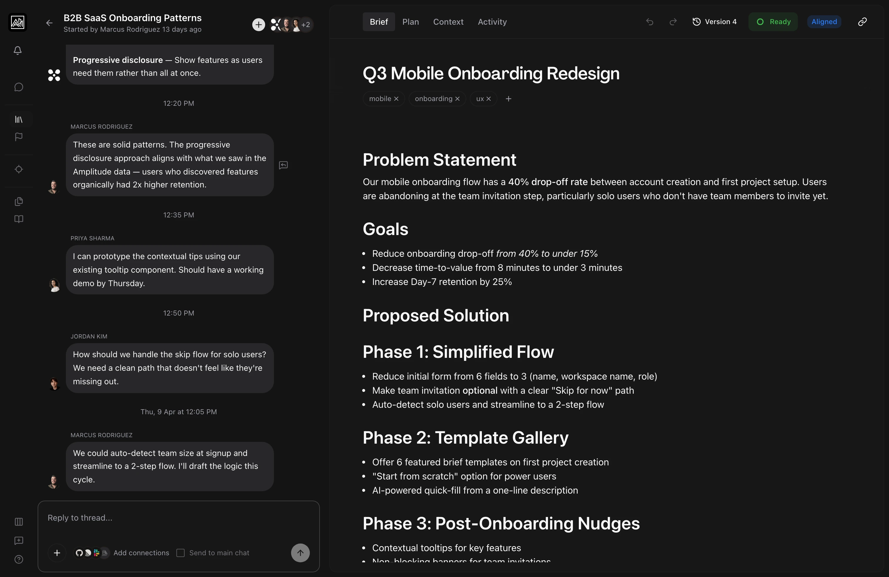 Sub-thread branched from a message showing focused discussion with AI summary