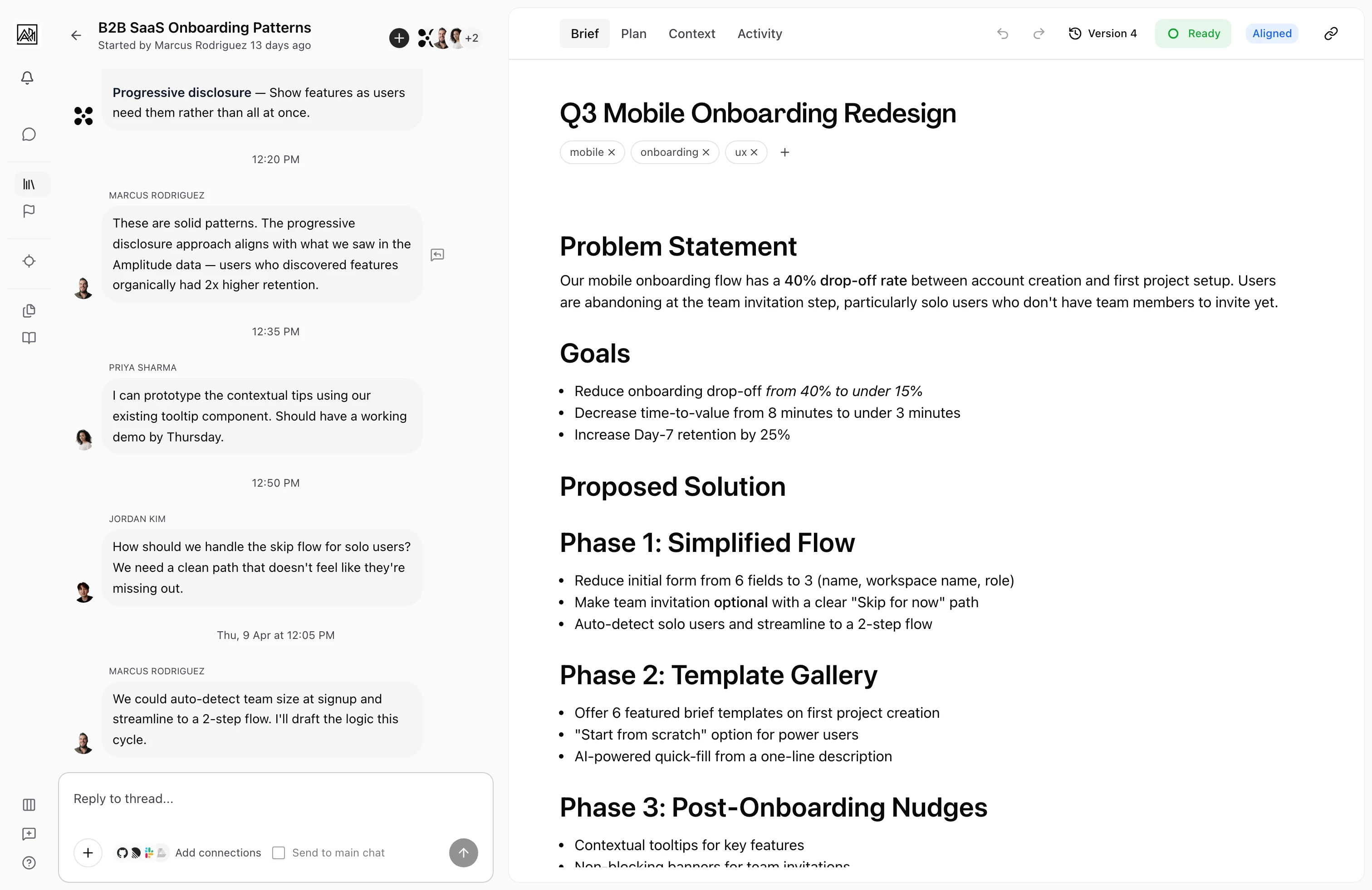 Thread branch view showing a focused sub-conversation alongside the main thread