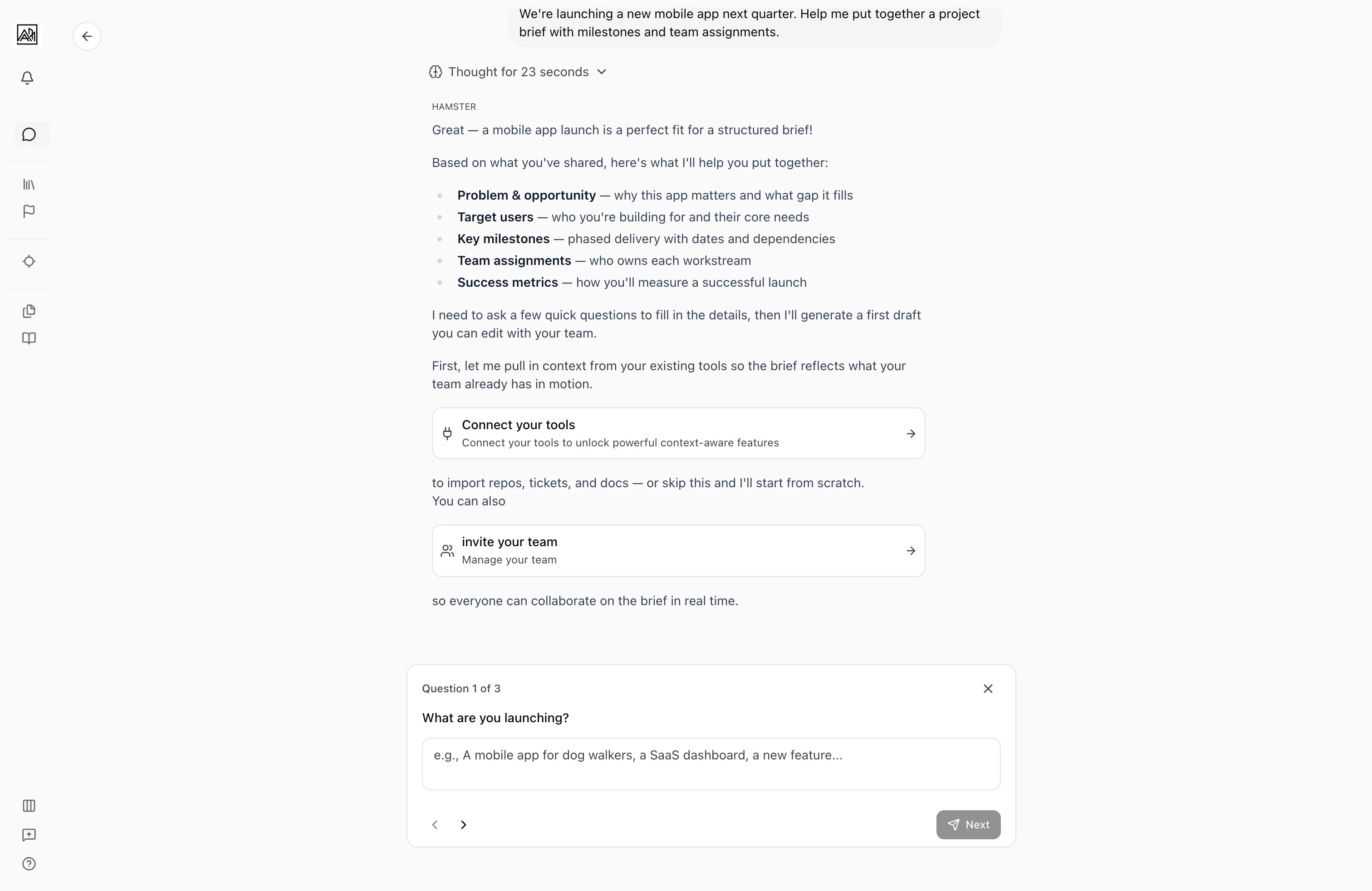 AI conversation with a brief created from the discussion visible in the editor alongside the chat