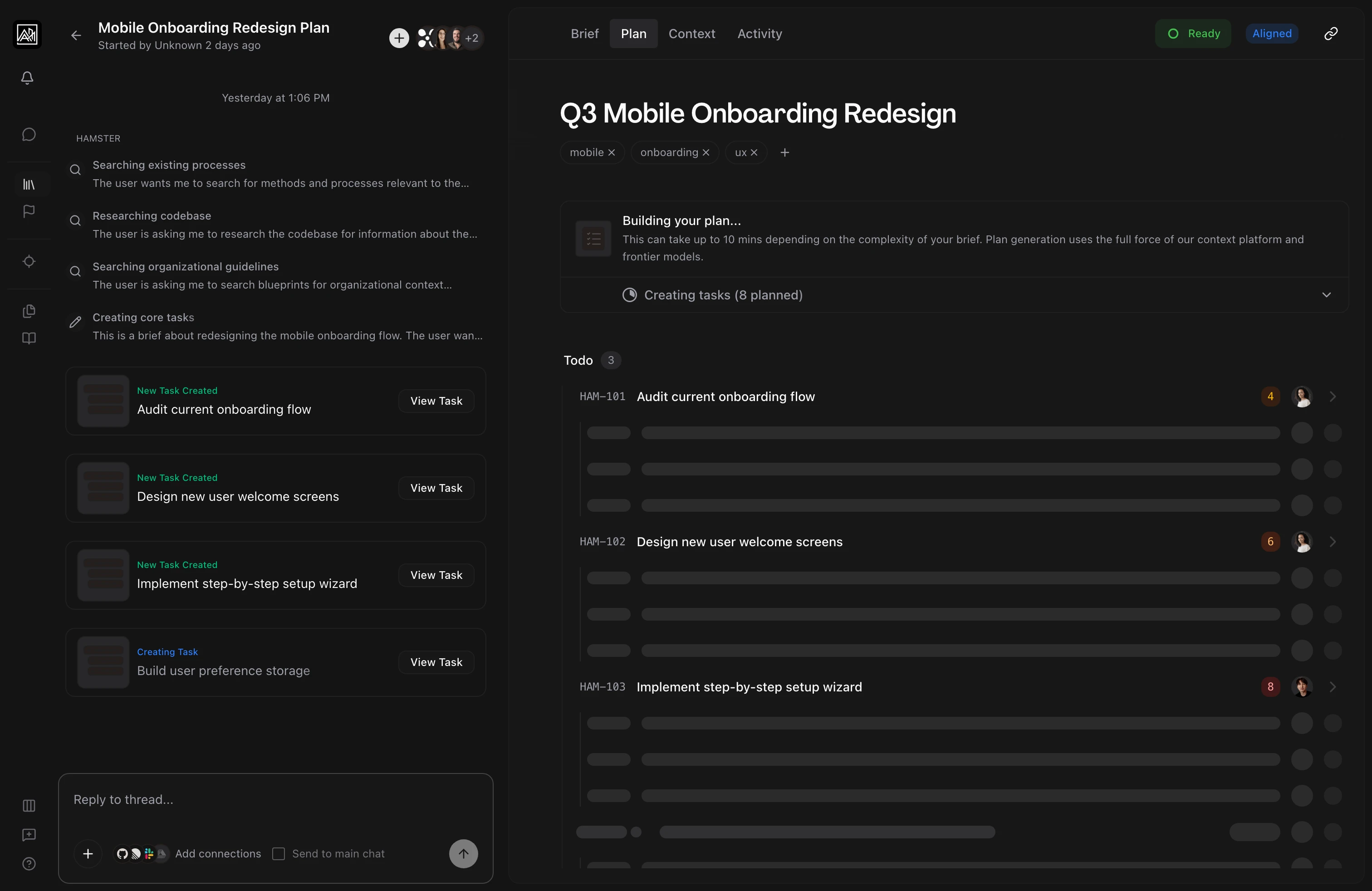 Plan generation in progress with AI research steps and tasks streaming in