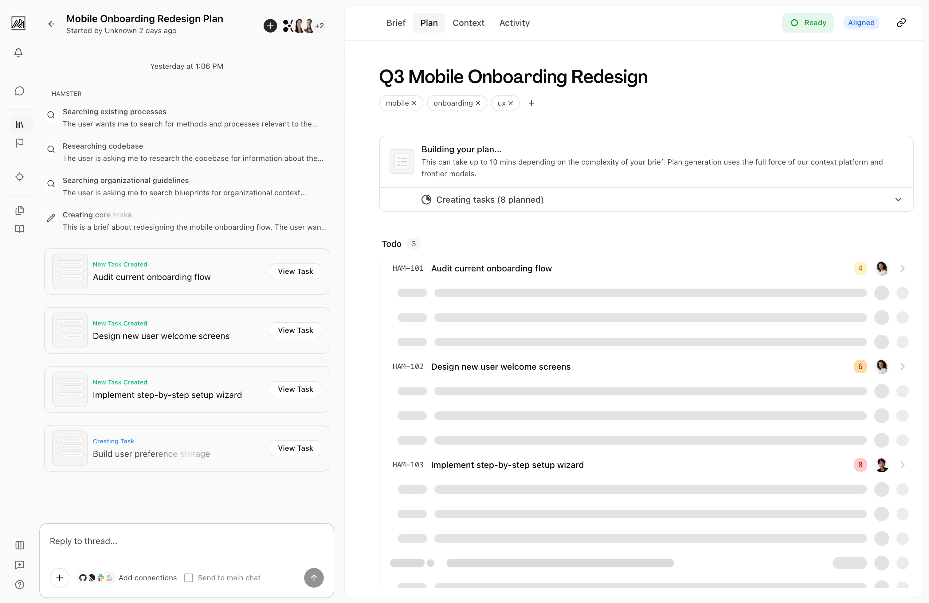 Plan generation in progress with AI research steps and tasks streaming in