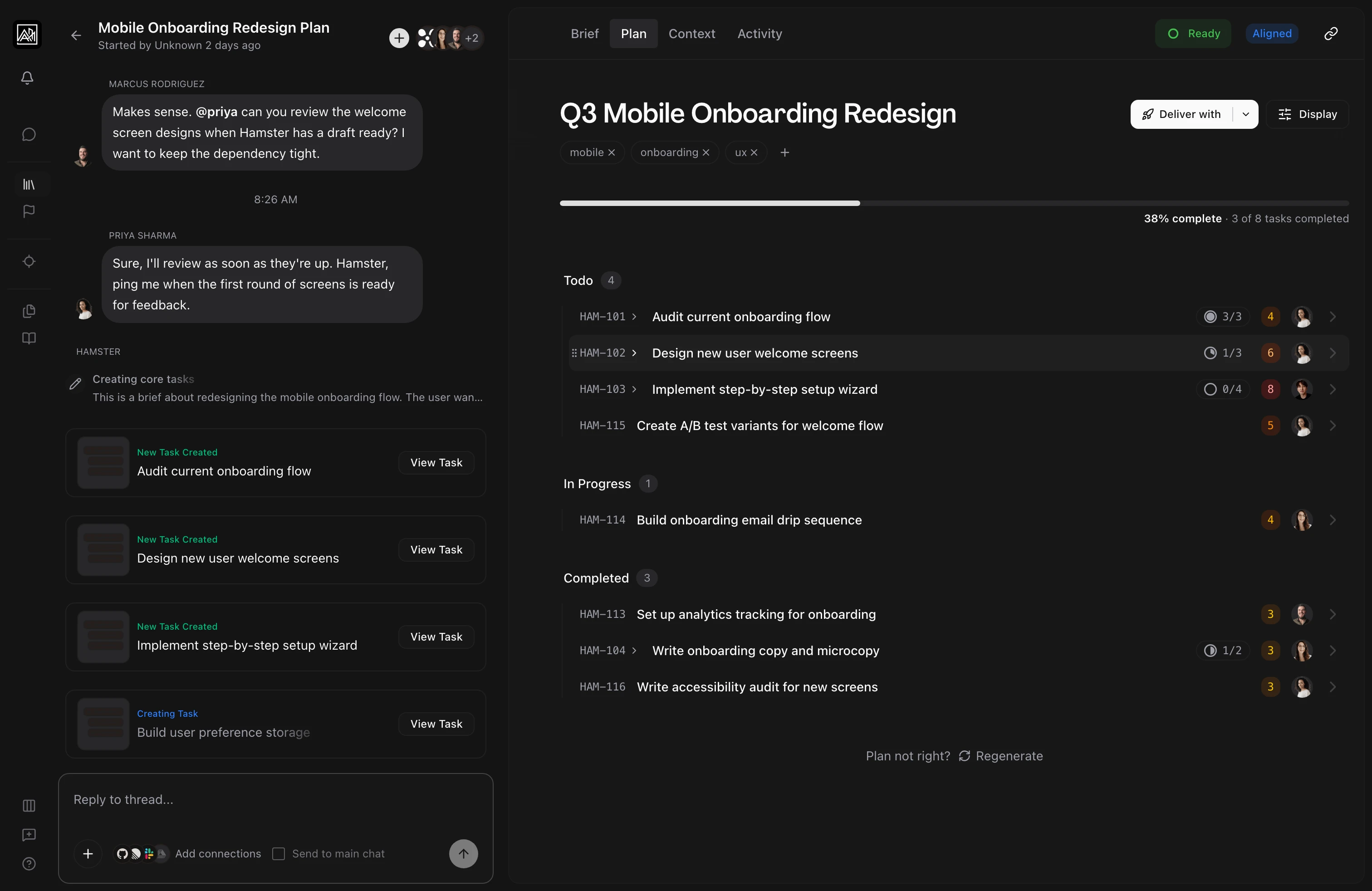 Plan view showing AI-generated task breakdown with parent tasks and subtasks