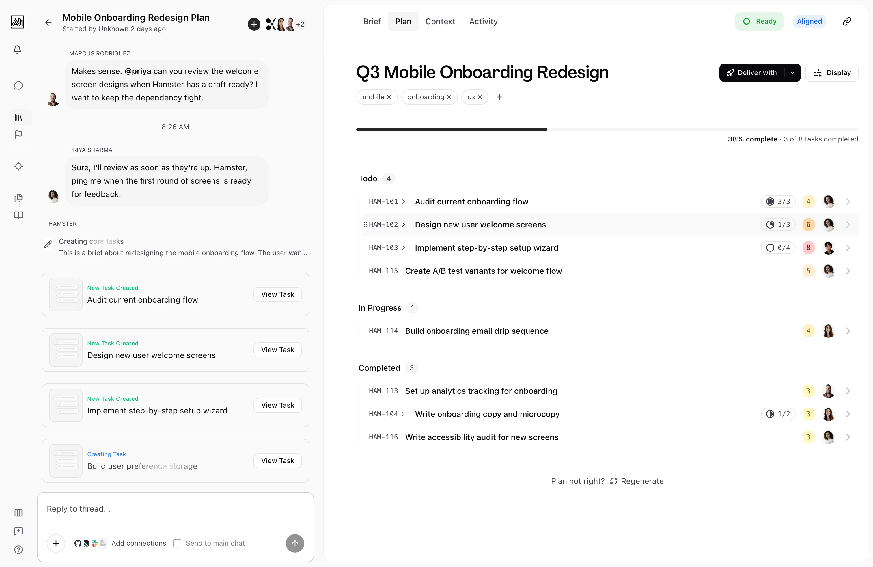Plan view showing AI-generated task breakdown with parent tasks and subtasks