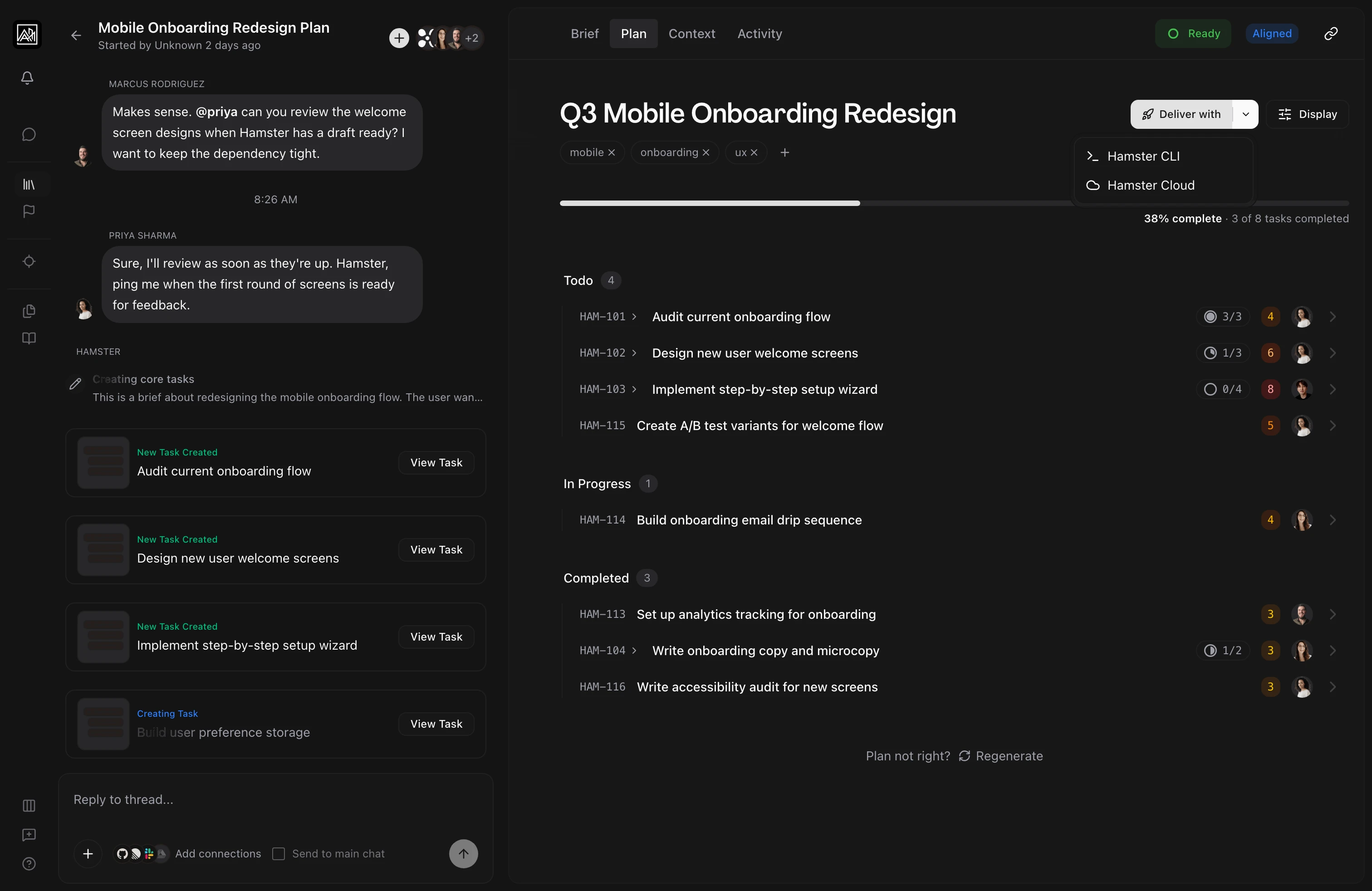 Hamster Studio plan view with CLI delivery popover