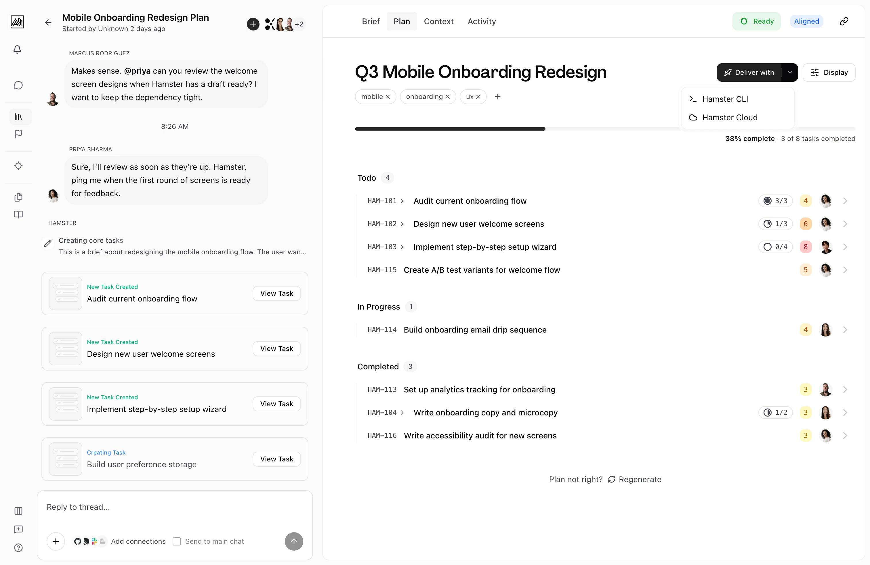 Hamster Studio plan view with CLI delivery popover