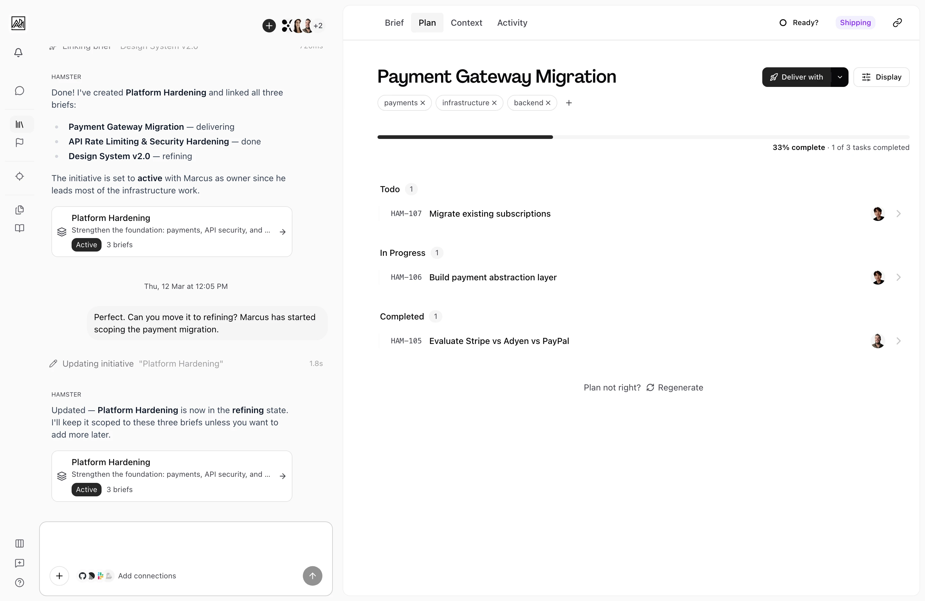 Plan tab showing a two-level task hierarchy with parent tasks and subtasks