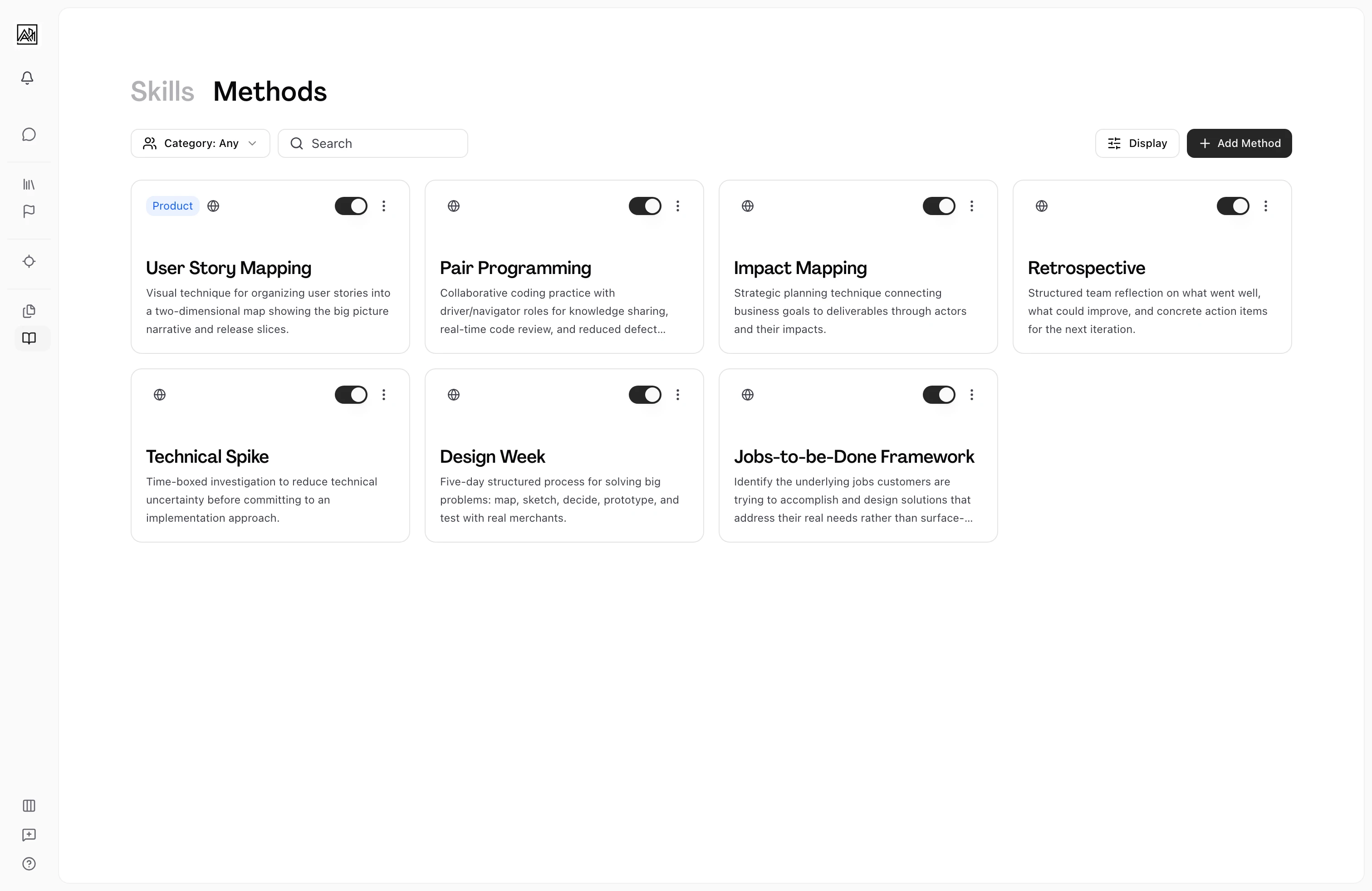 Methods list view showing method cards organized by category