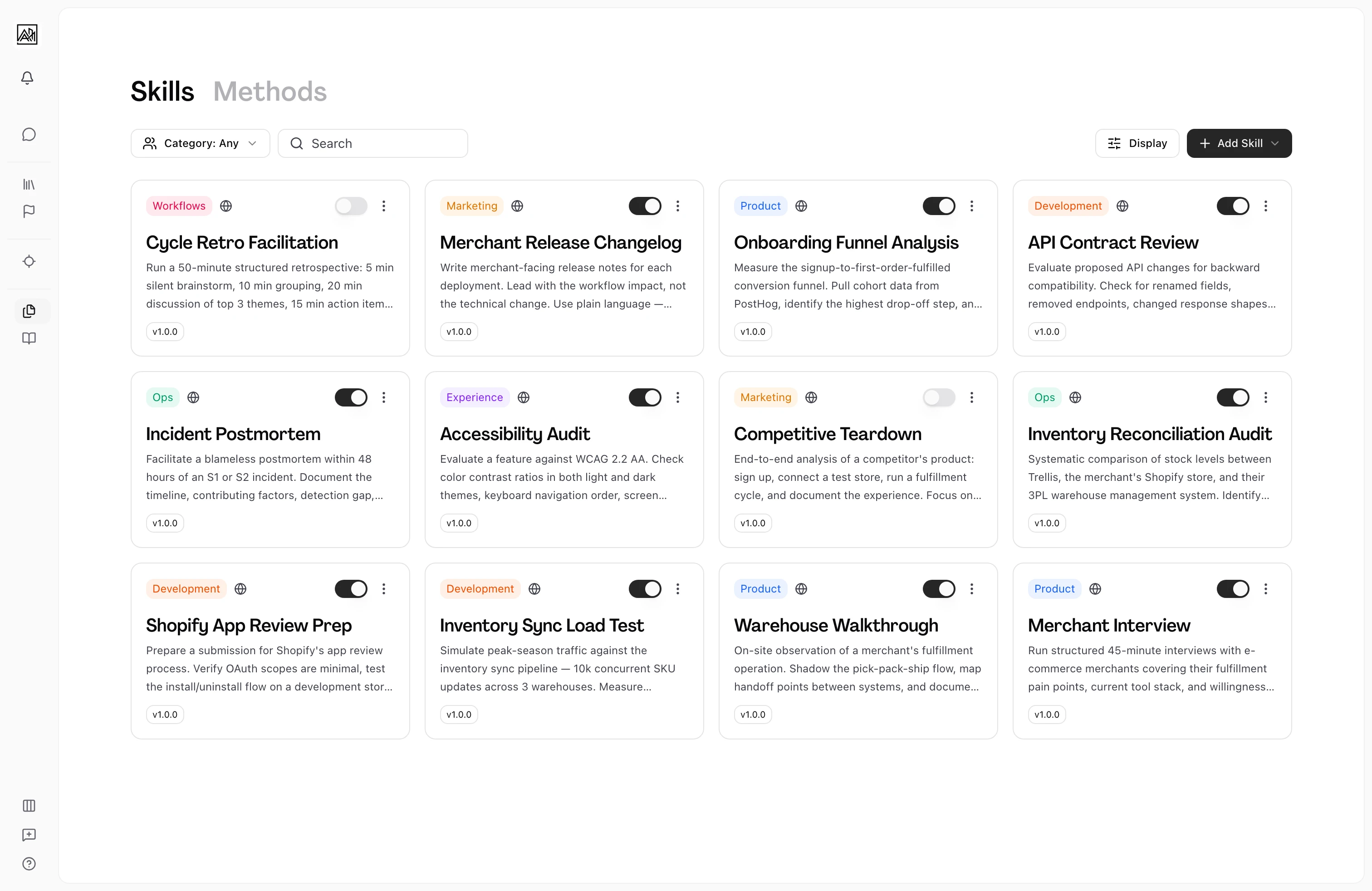 Skills list view showing skill cards organized by category