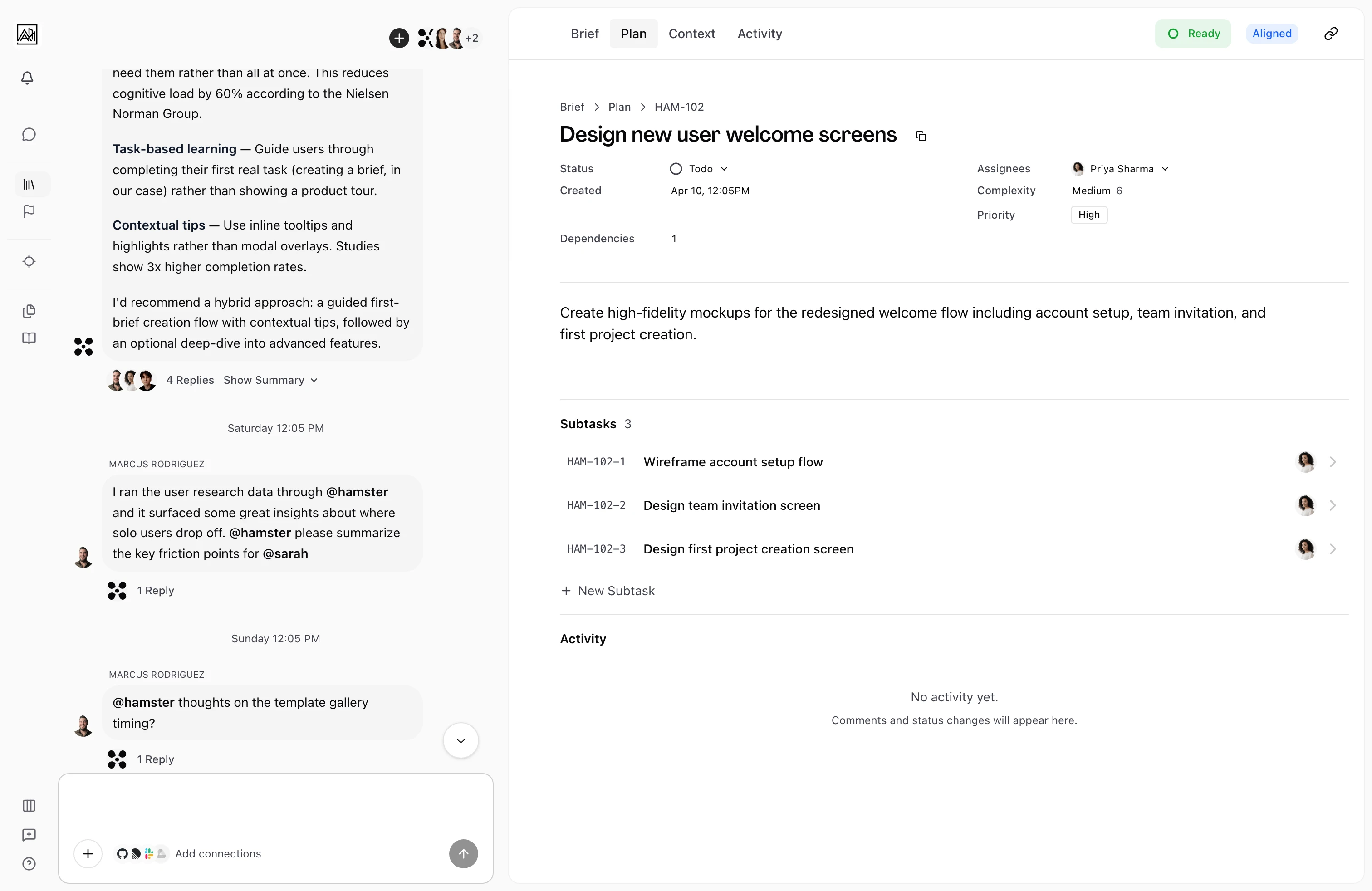 Task list showing the assignee picker dropdown with team members and AI agents