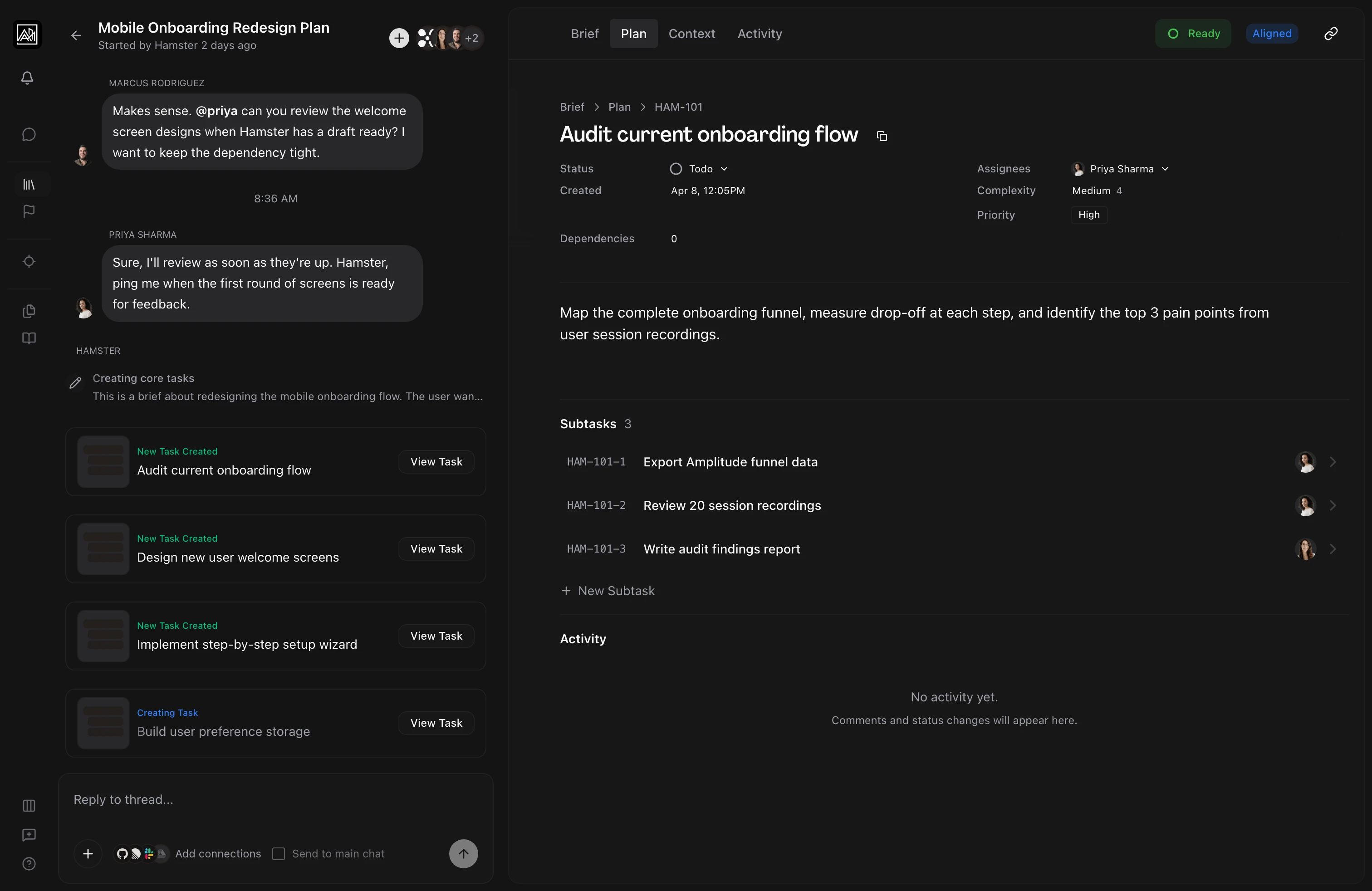 Hamster task detail view with implementation-ready spec, context, and acceptance criteria
