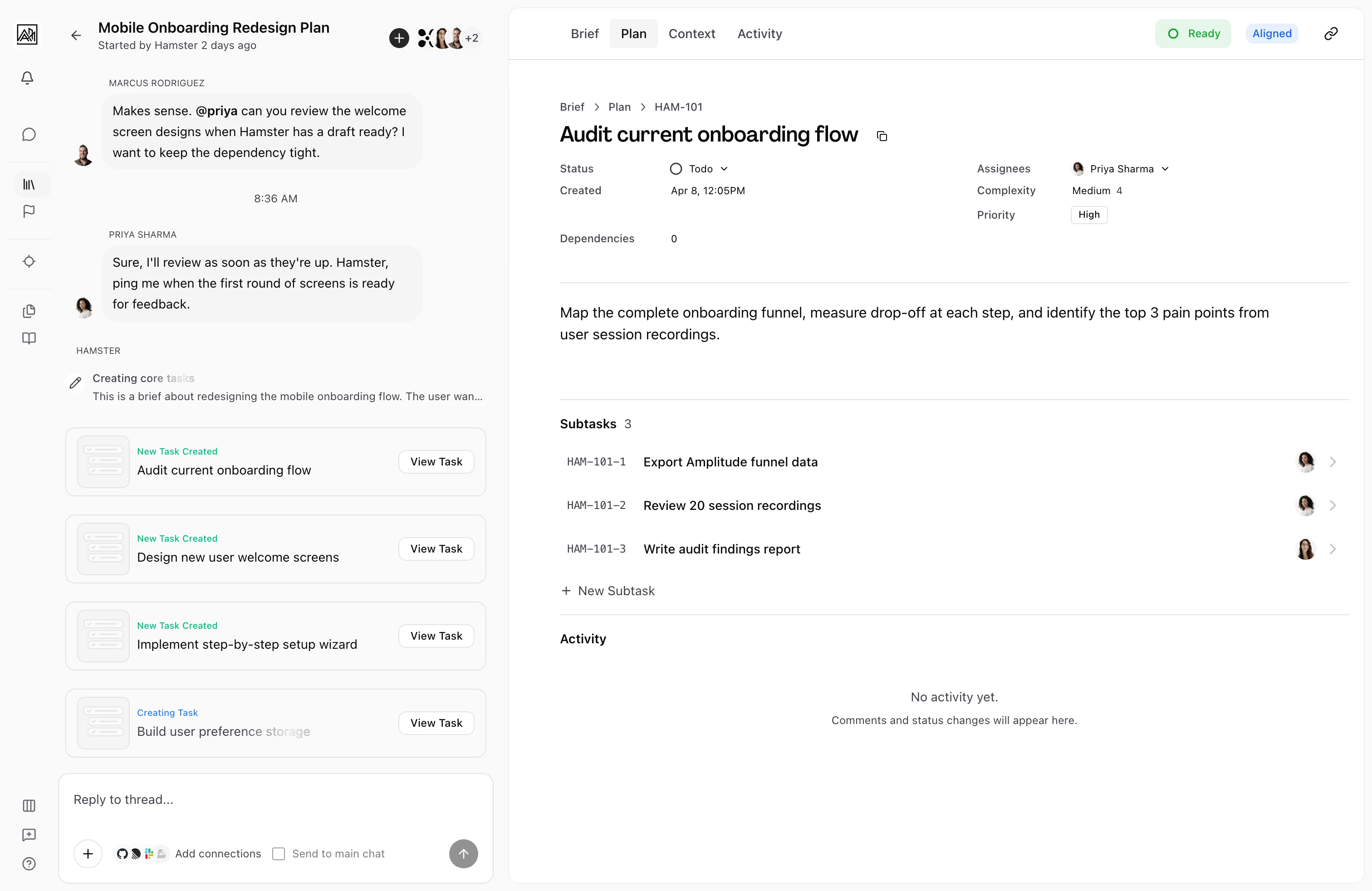 Task detail page showing description, metadata fields, and subtasks section