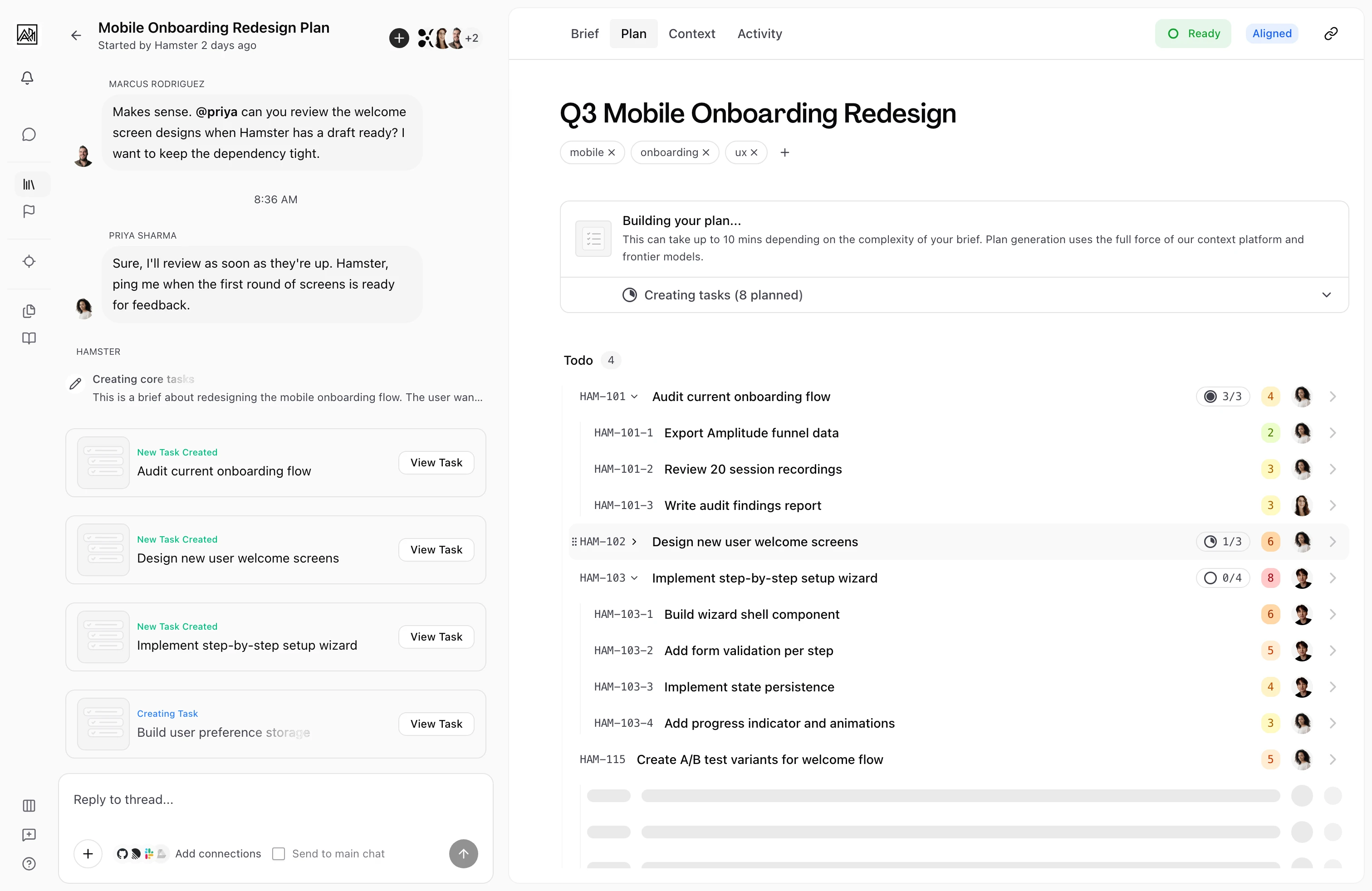 Tasks list view showing tasks organized within a plan
