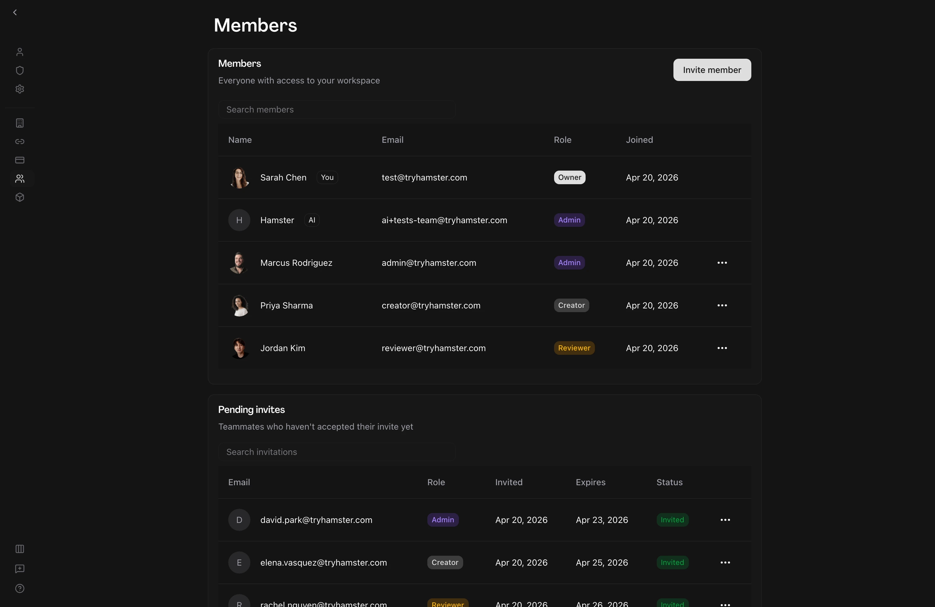 Team members list showing workspace members and their roles