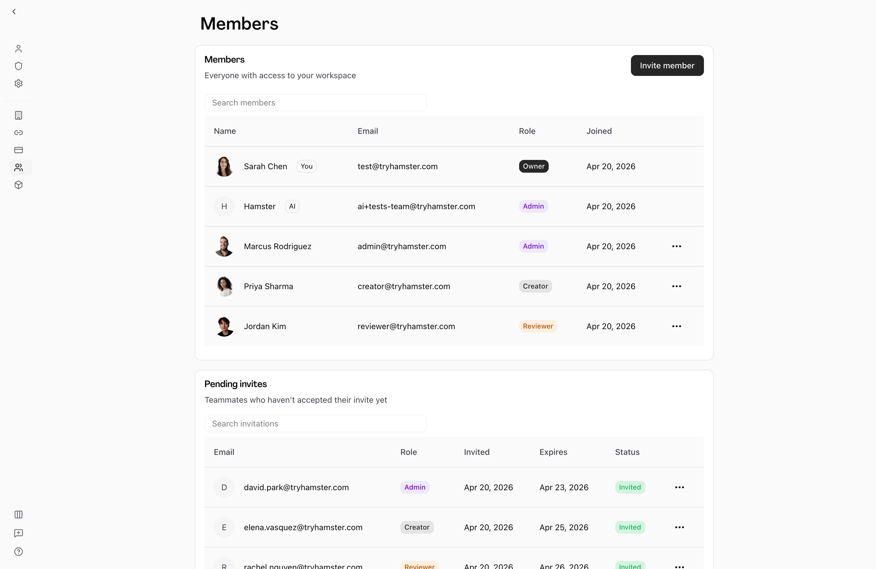 Team members page showing member roles and the actions menu for managing permissions