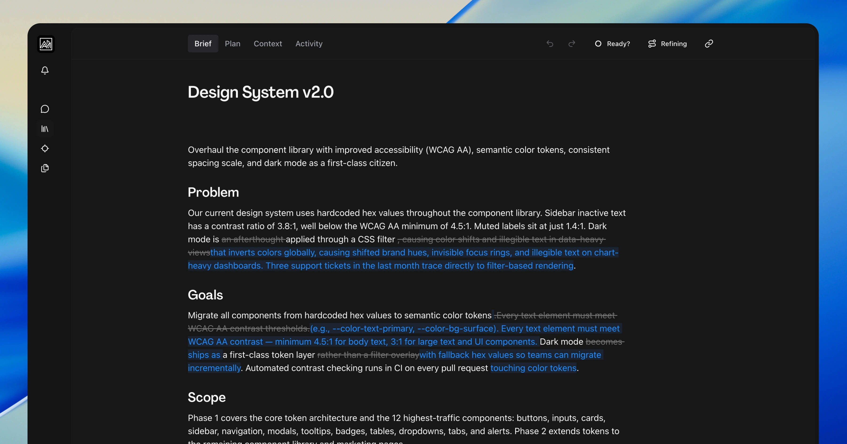 The Hamster Studio interface showing inline diffs in a brief document with chat-driven review controls