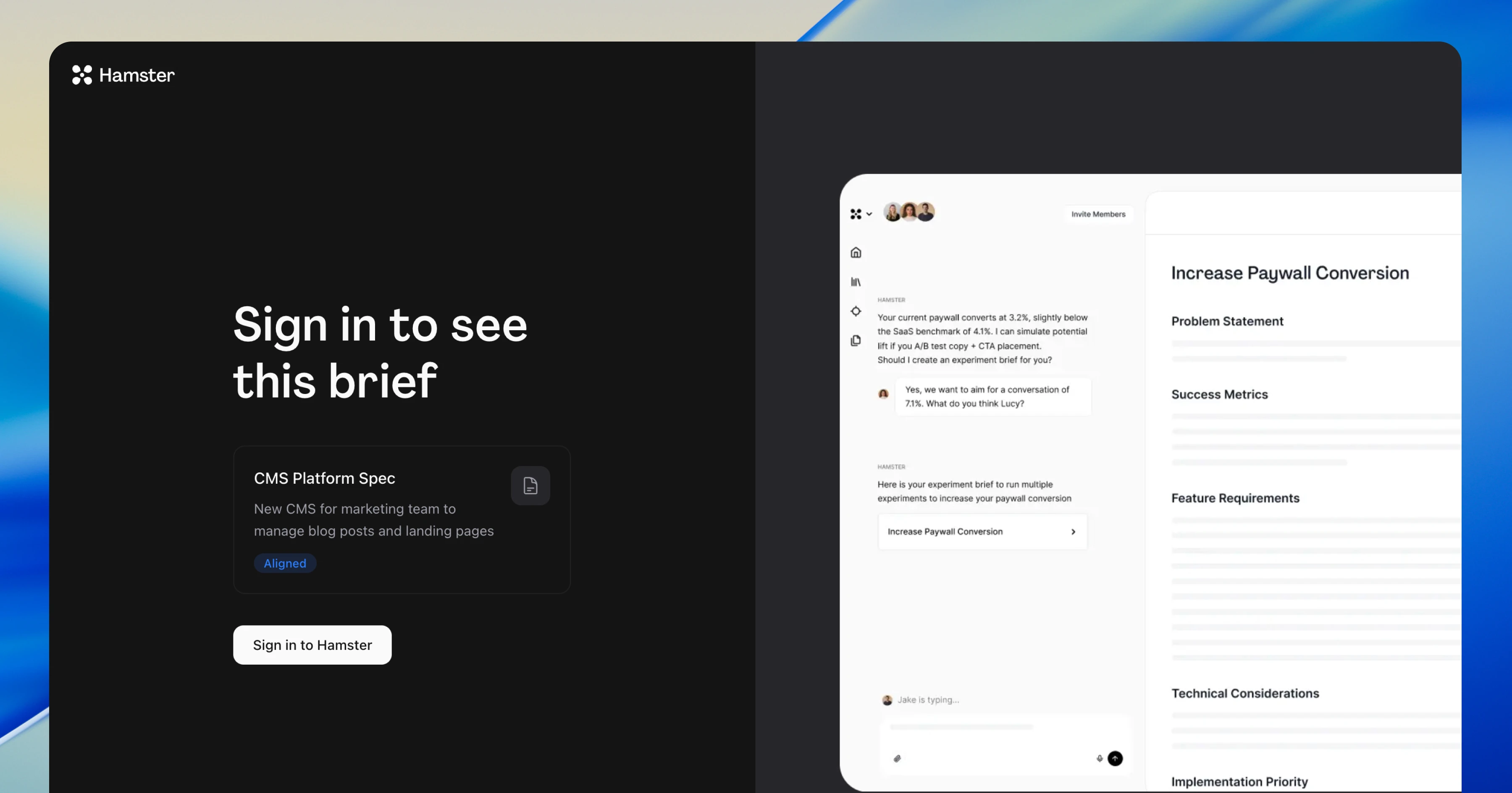 The brief share page with sign-in prompt and preview card alongside the Hamster Studio interface