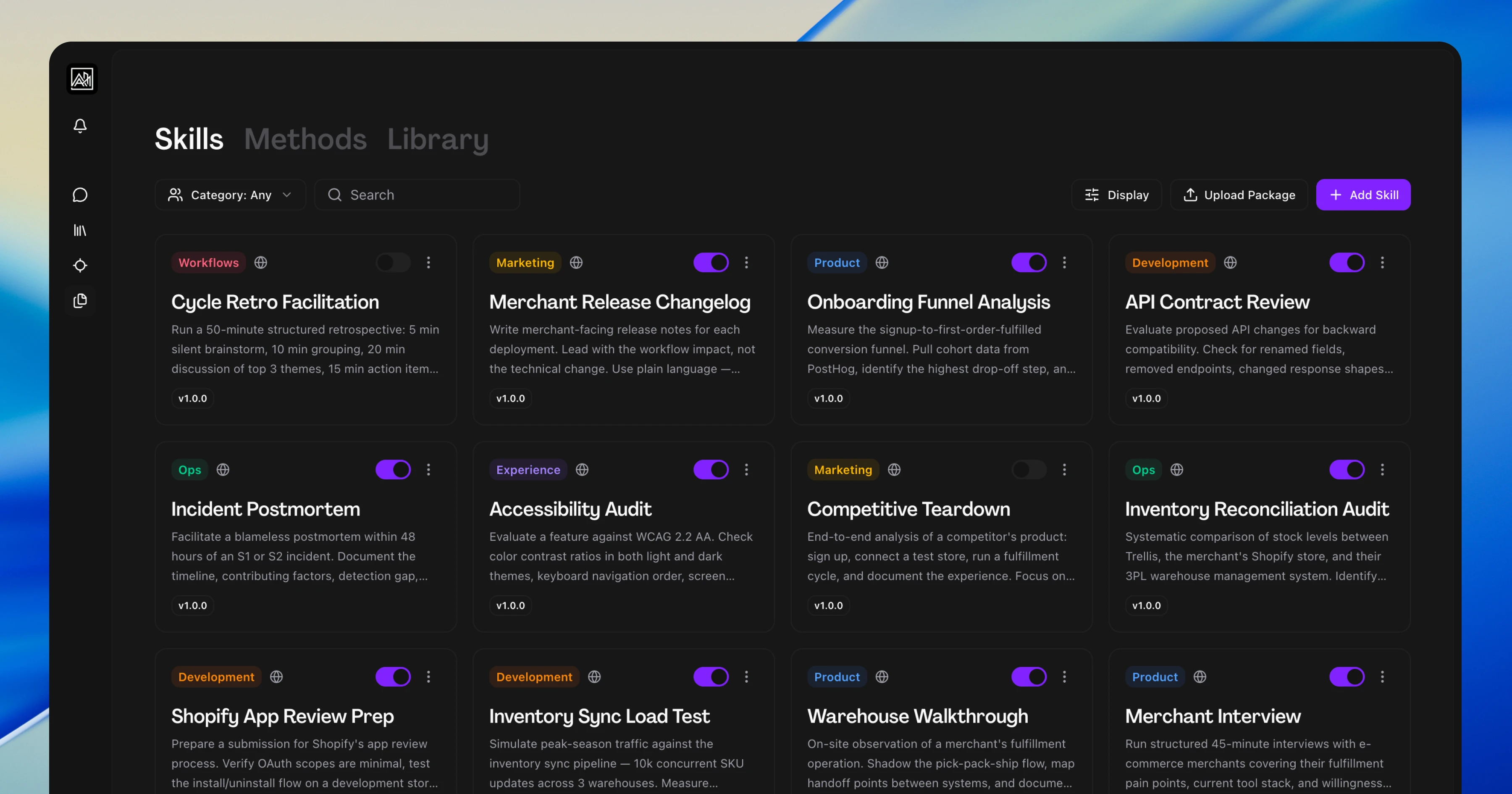The Skills hub showing skill cards like Cycle Retro Facilitation and Merchant Release Changelog organized by category