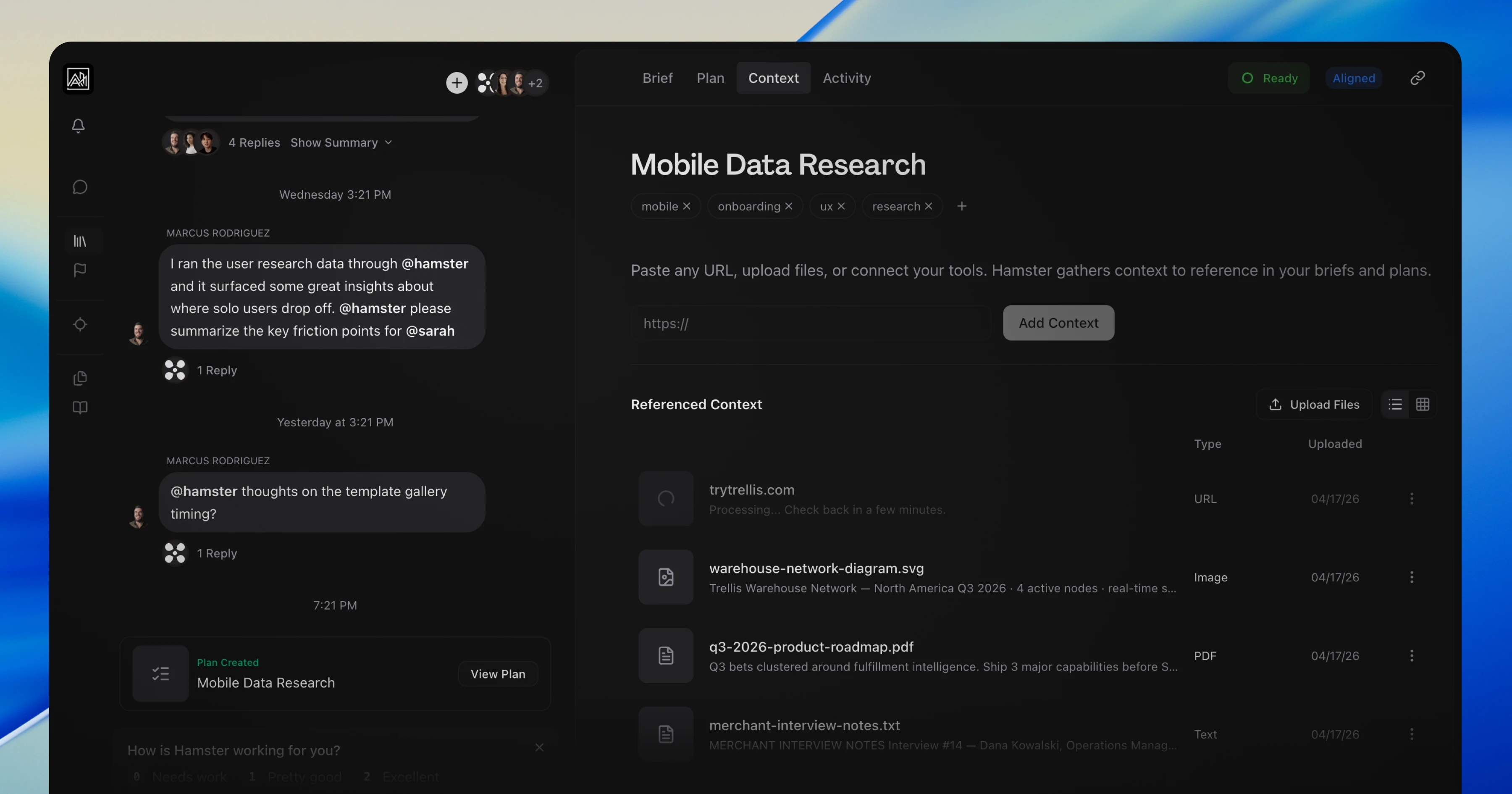 The Mobile Data Research brief showing a thread conversation on the left and the Context tab on the right, with tags for mobile, onboarding, ux, and research, and a list of referenced context including a URL, an SVG diagram, a PDF roadmap, and a text interview