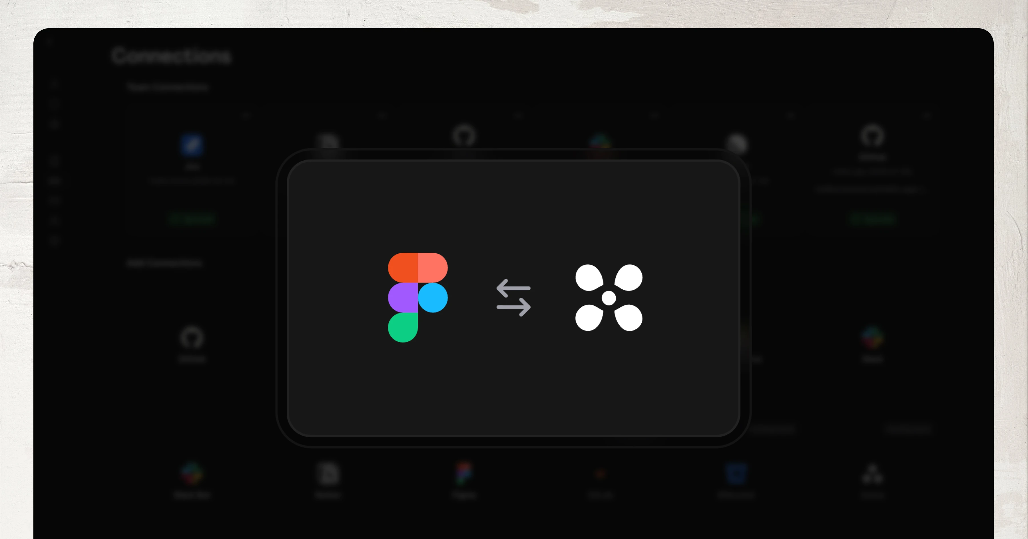 The Figma and Hamster logos linked by bidirectional arrows on a card, floating above a blurred Connections settings page